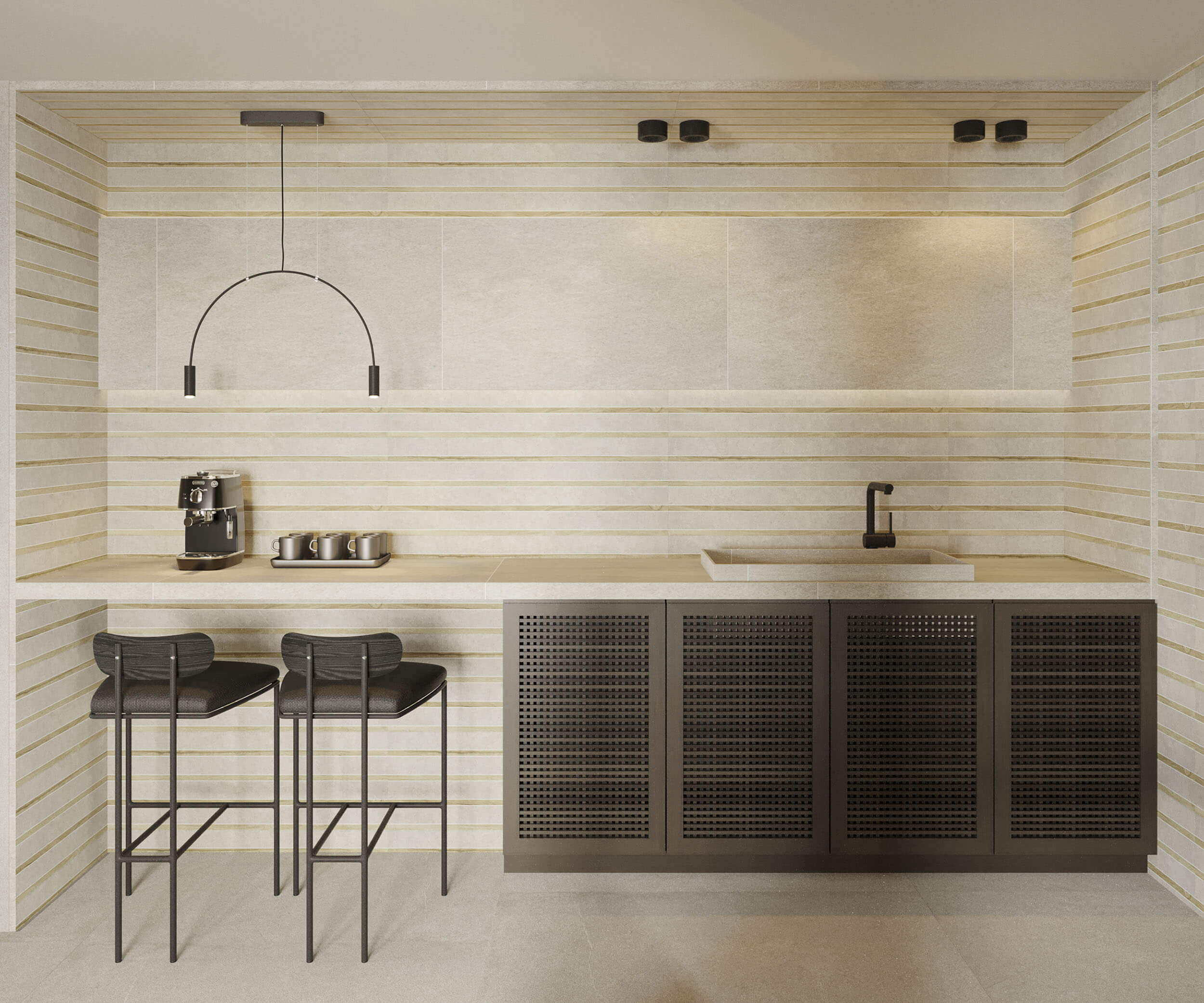 Pale stone wall with brass inlay, dark perforated metal cabinets and black leather bar stools under an arched pendant — luxury kitchen
