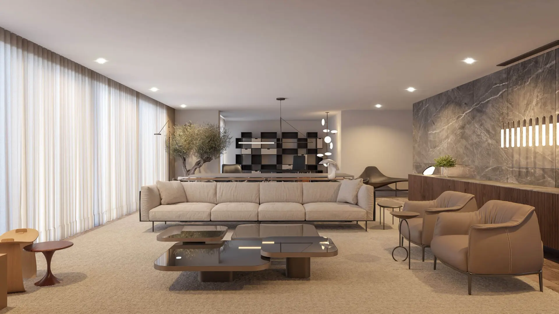 Living room with beige sofa, caramel leather armchairs and sheer floor-to-ceiling curtains — luxury interior design Lisbon Portugal