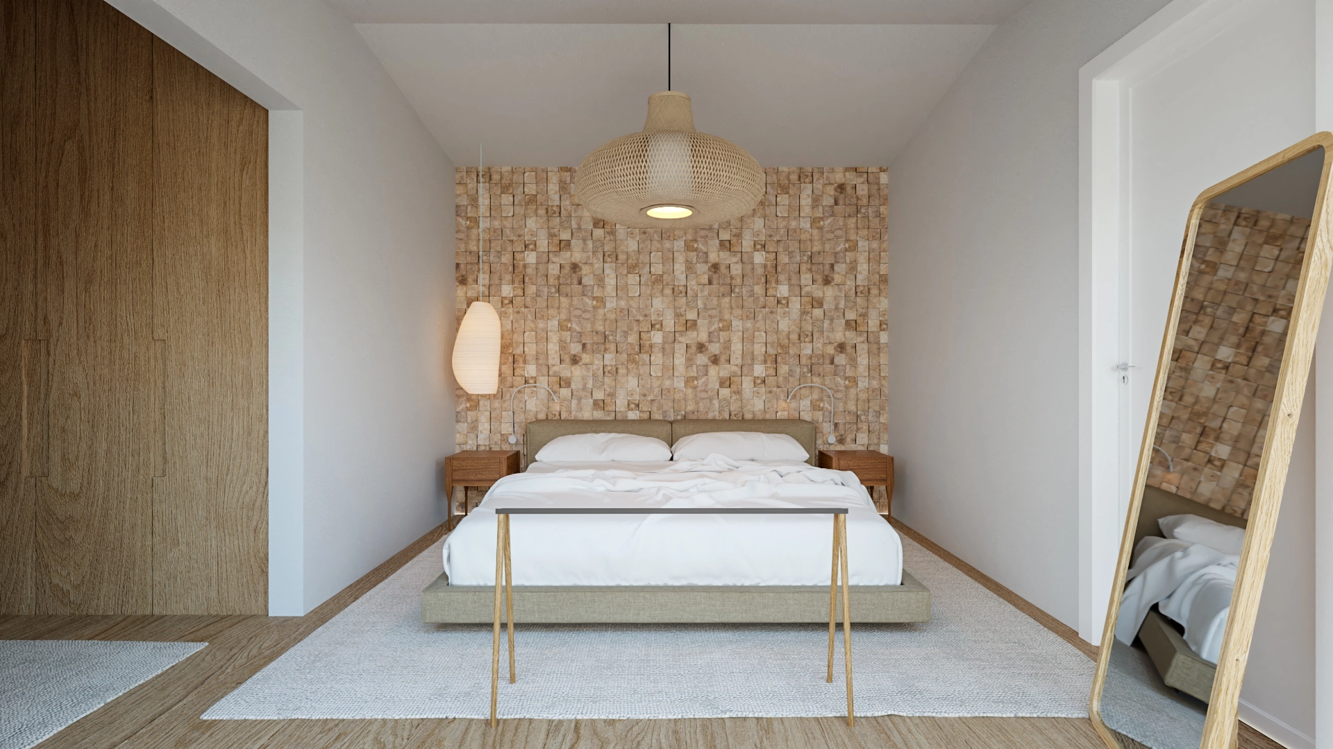 Contemporary bedroom interior design with natural wood, neutral tones and a textured feature wall by Atelier Renata Santos Machado.
