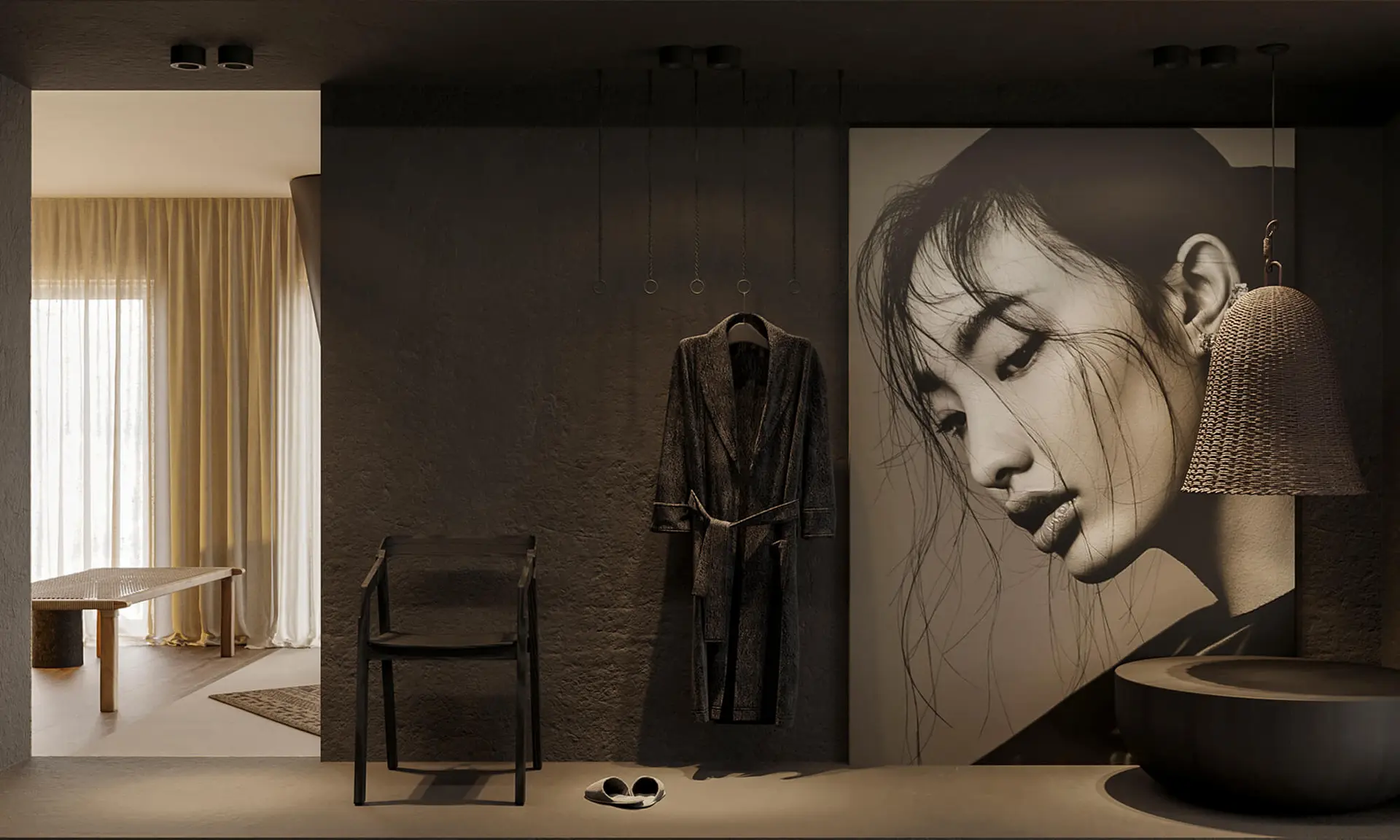 Intimate spa-style bathroom with dark cladding, artistic wall mural, wooden chair and stone basin — luxury residential interior design in Lisbon, Atelier Renata Santos Machado
