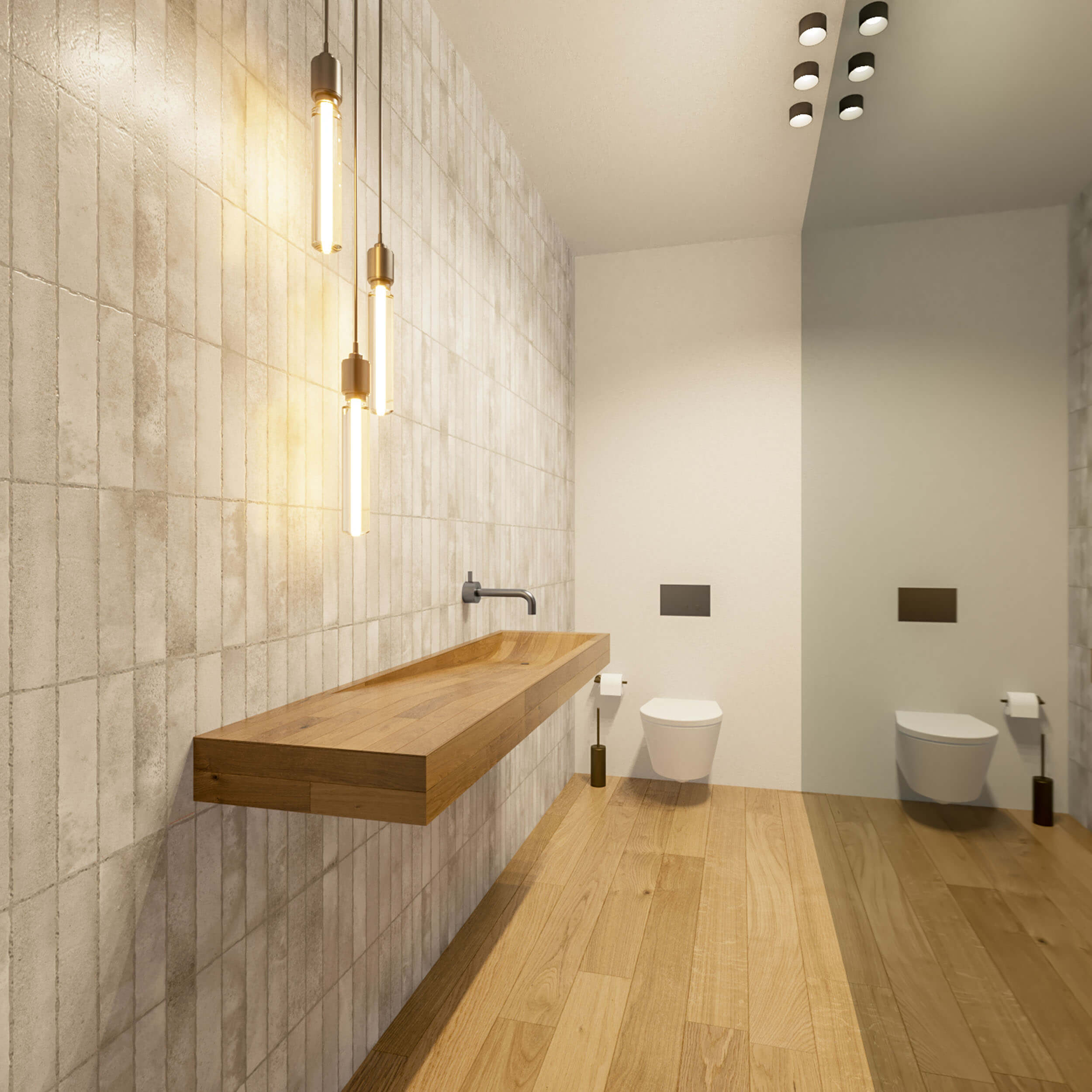 Solid-oak trough washbasin, a grey glazed-tile wall and tubular pendant lights above wall-hung toilets — luxury bathroom