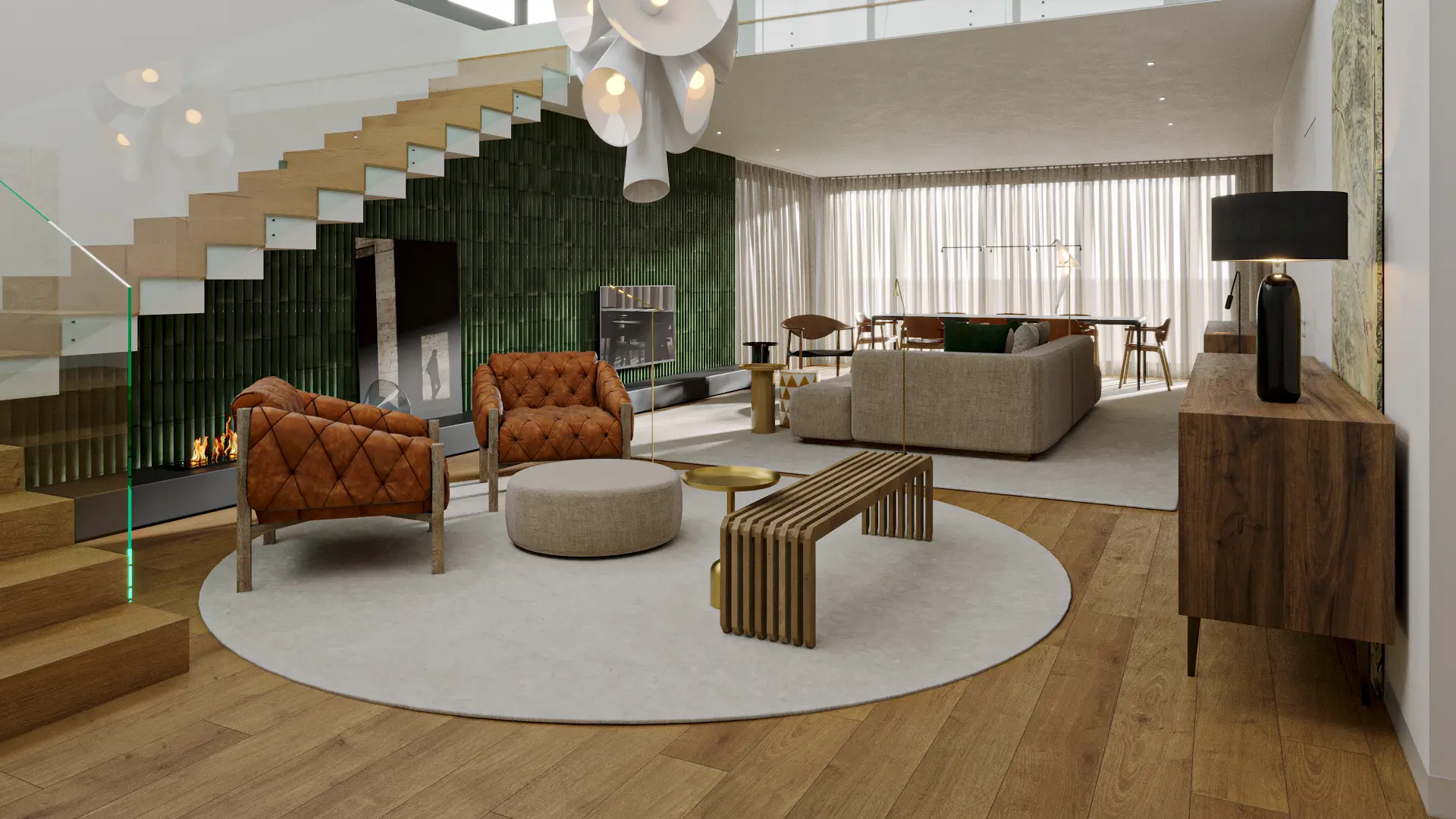 Sala de estar contemporânea com poltronas em couro, escada em madeira e parede verde