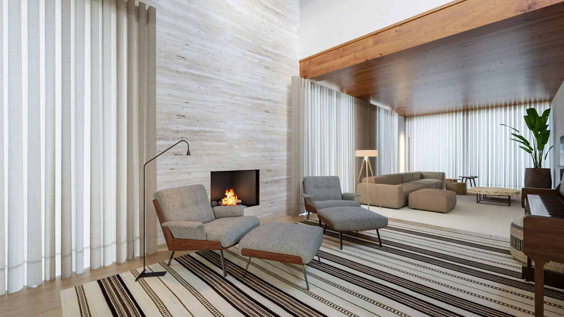 Travertine fireplace, grey lounge chairs with ottomans and a striped kilim rug below a wood-slat ceiling — luxury living room