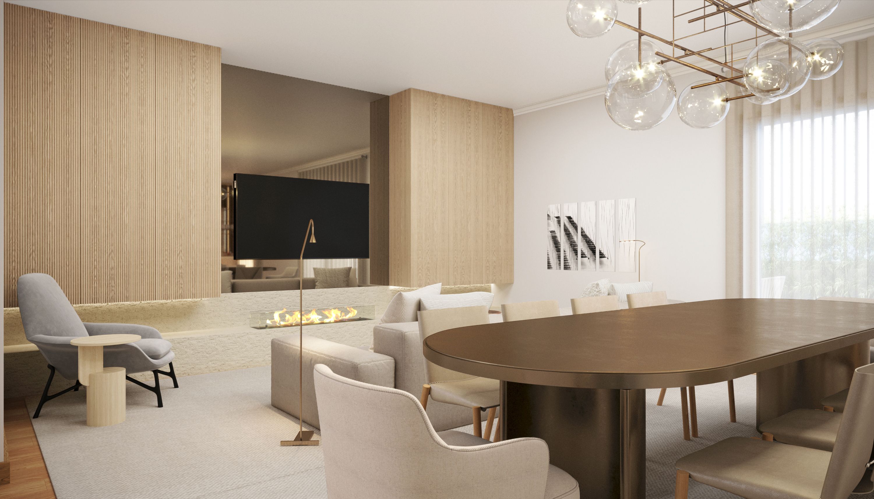 Sala de jantar integrada com sala de estar, mesa em madeira, lareira e iluminação contemporânea num projeto de design de interiores.