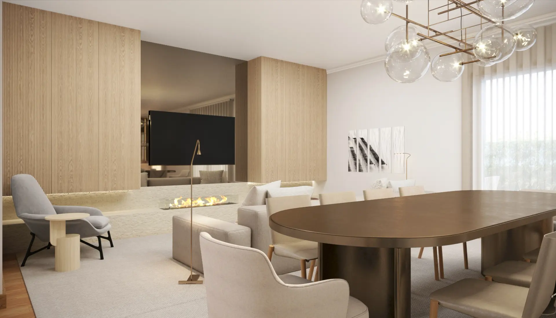 Sala de jantar integrada com sala de estar, mesa em madeira, lareira e iluminação contemporânea num projeto de design de interiores.