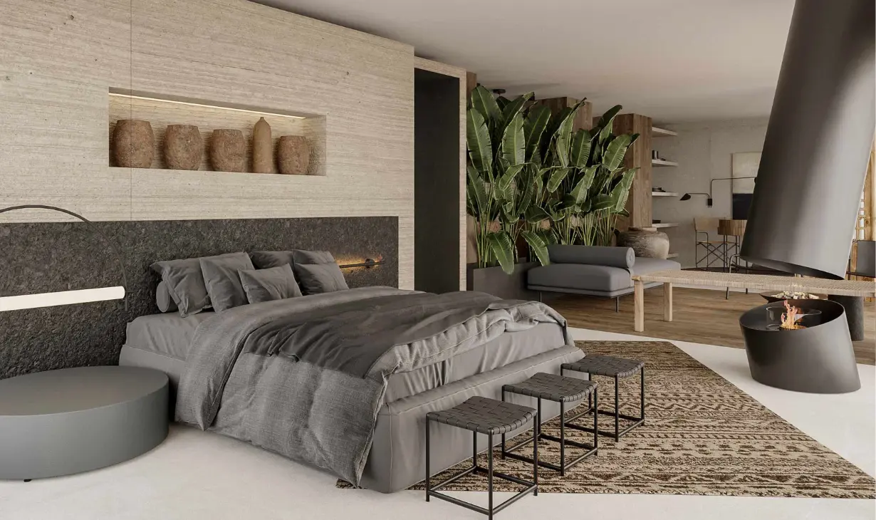 Bedroom defined by natural materials, soft textures and a calm, continuous layout. Project by Atelier Renata Santos Machado