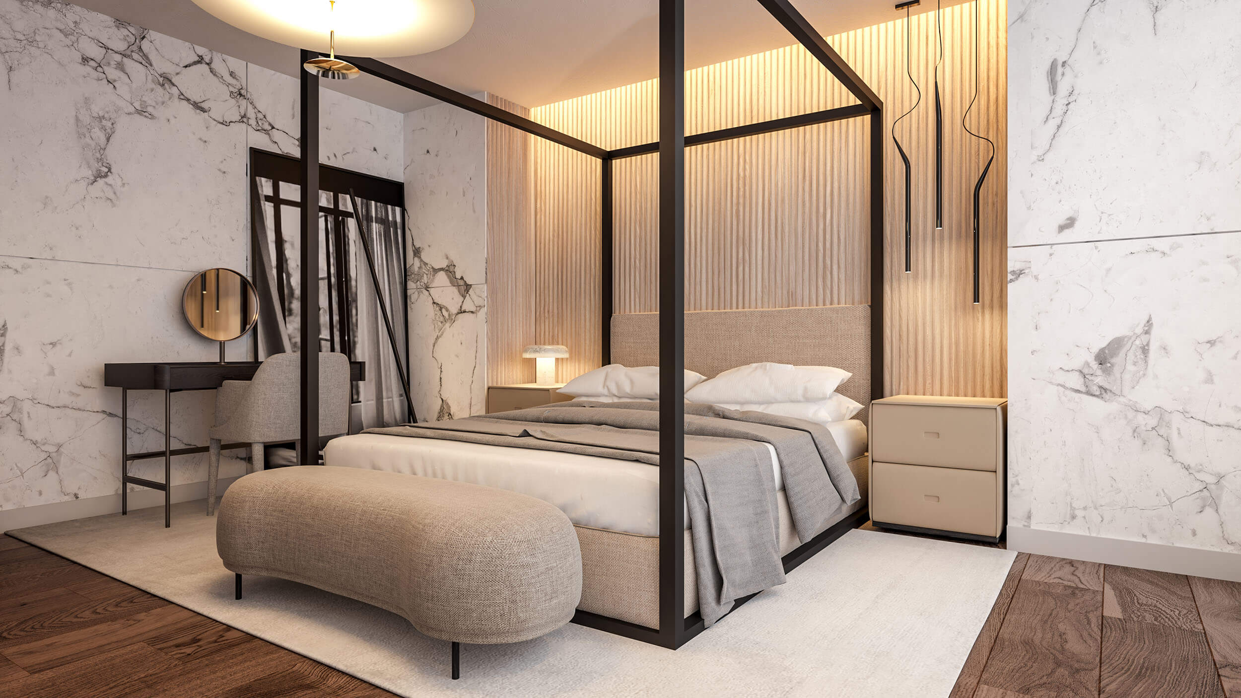 Suite principal com cama de dossel, parede em ripado de madeira e toucador com espelho redondo — design de interiores de luxo Lisboa