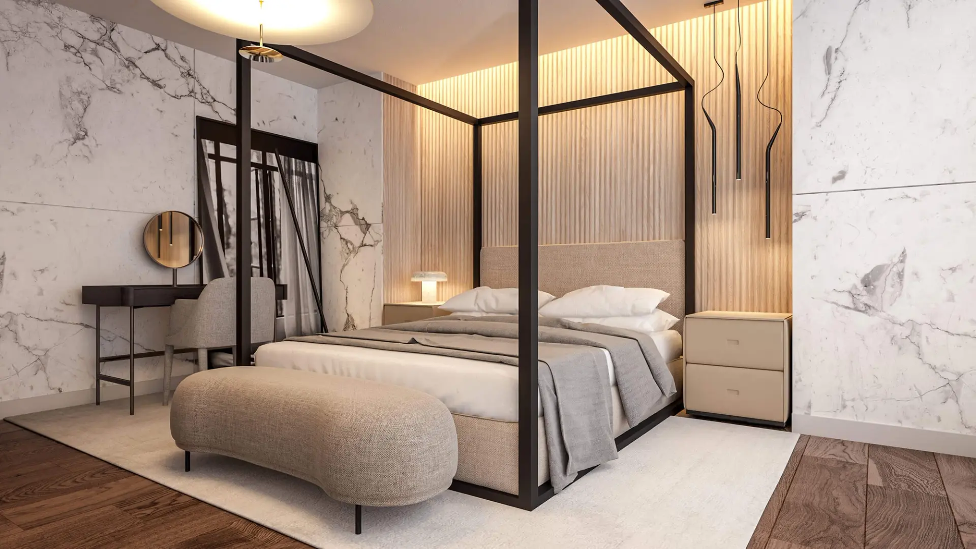 Master suite with canopy bed, slatted wood feature wall and dressing table with round mirror — luxury interior design Lisbon Portugal