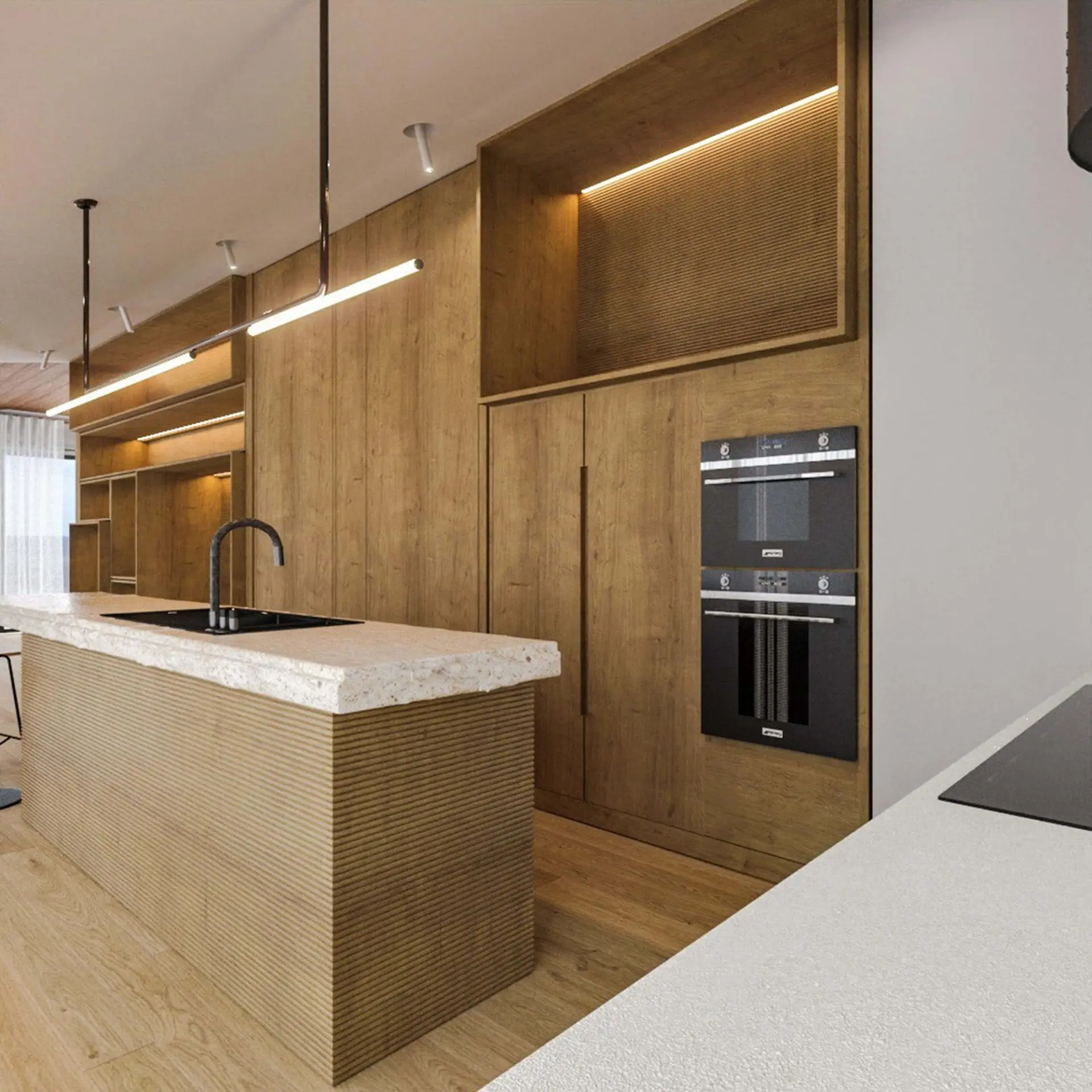 Fluted oak island base, a terrazzo top with a black tap and a column of integrated black ovens — luxury kitchen
