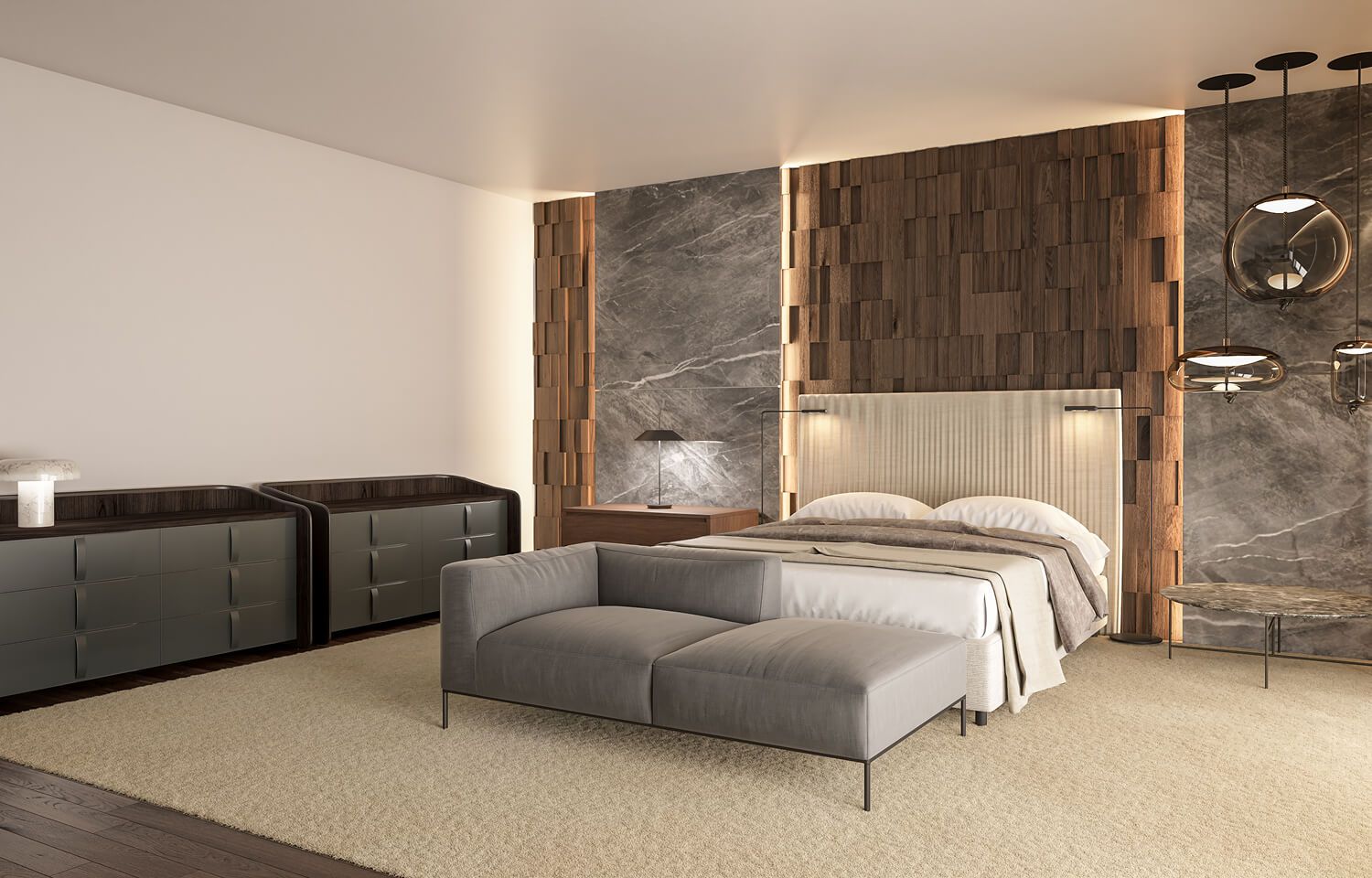 Master suite with an illuminated wood wall, gray marble, a beige bed, and a gray chaise longue.