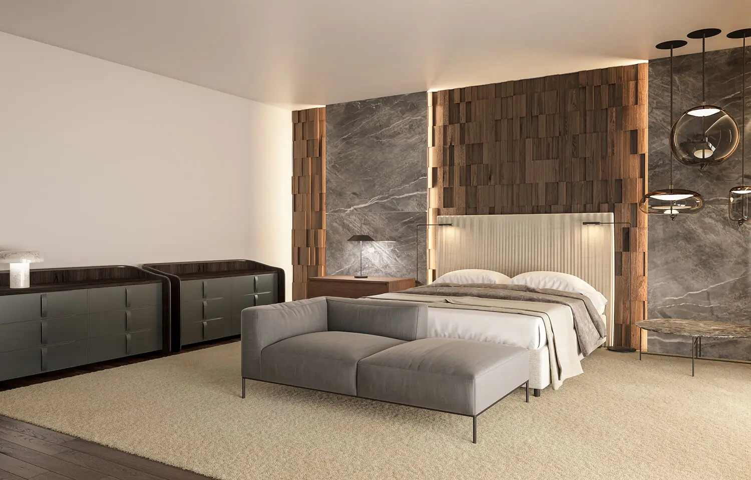 Master suite with an illuminated wood wall, gray marble, a beige bed, and a gray chaise longue.