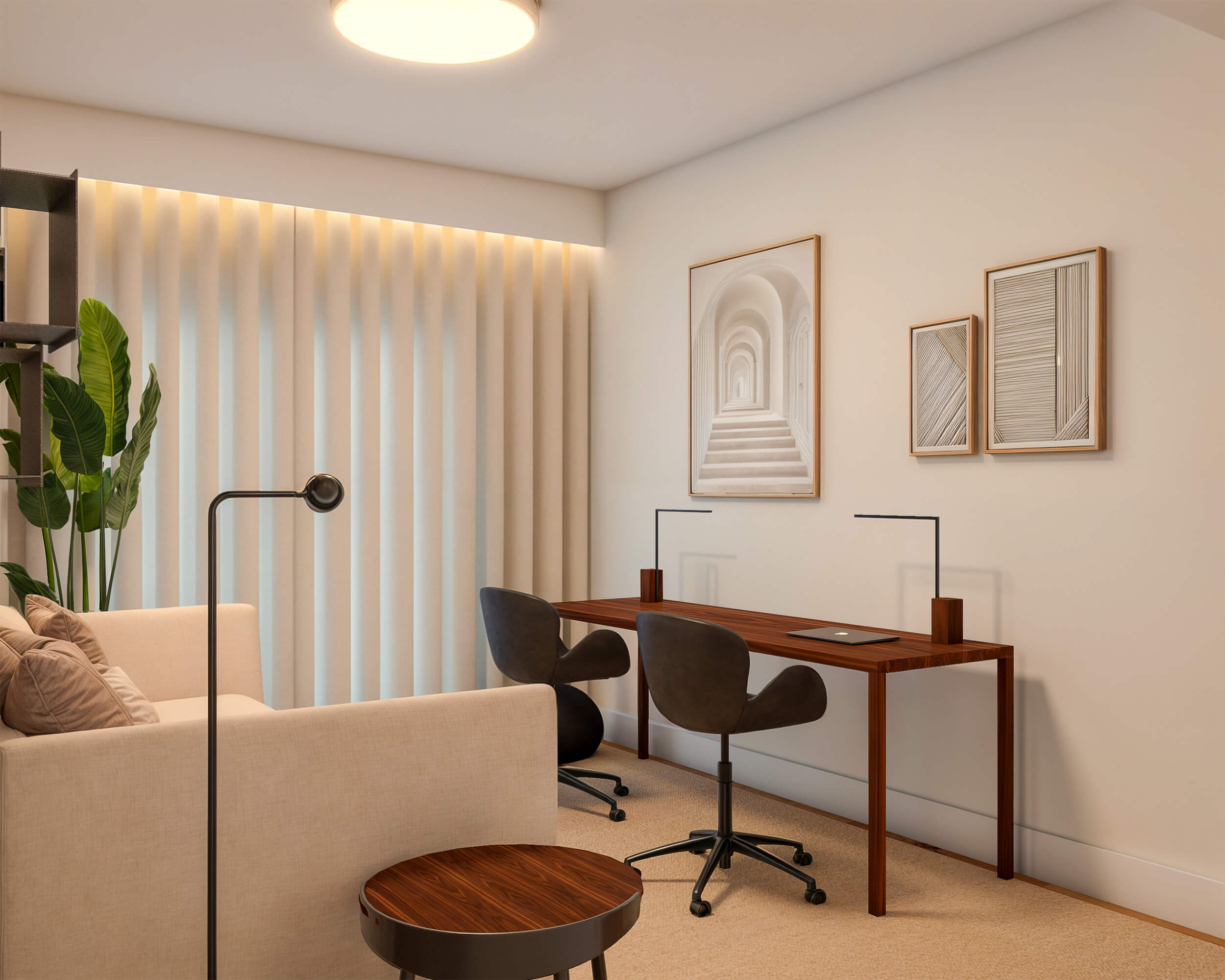 Twin desks in dark hardwood with shell chairs, slim task lamps and a framed gallery wall — luxury home office design