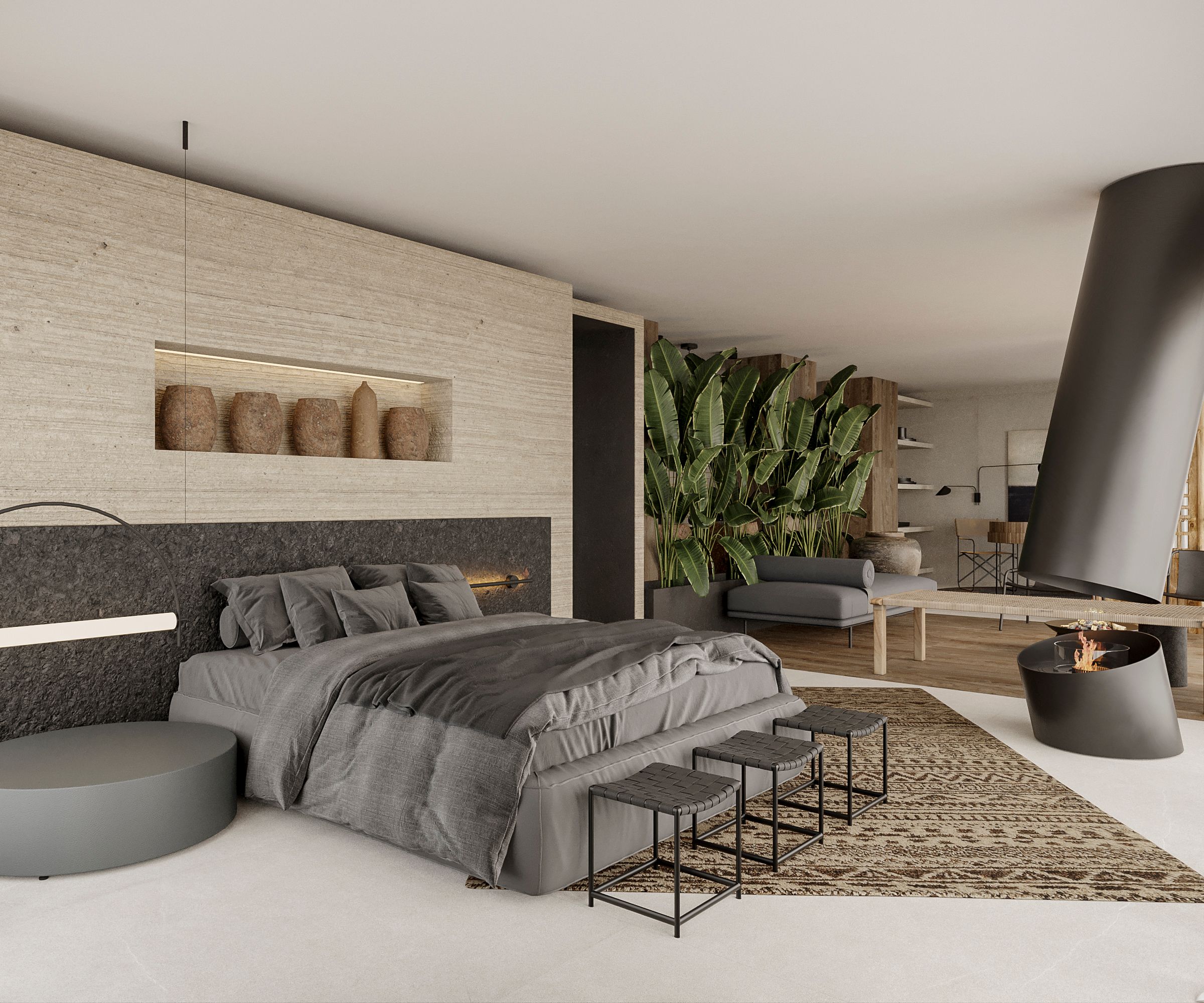 Travertine wall with vessel niche, suspended black cone fireplace and leather-strap stools — luxury master suite design