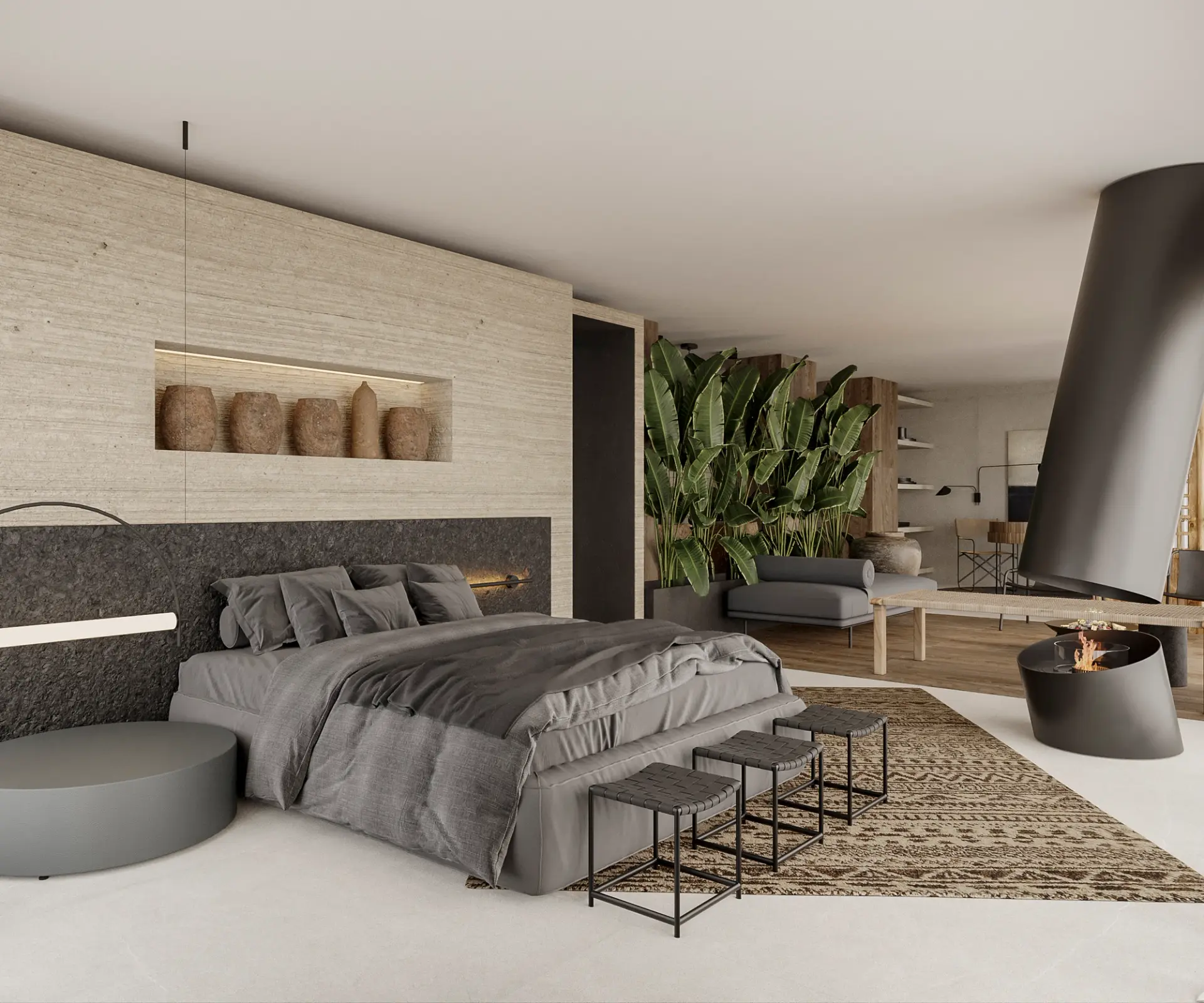 Travertine wall with vessel niche, suspended black cone fireplace and leather-strap stools — luxury master suite design