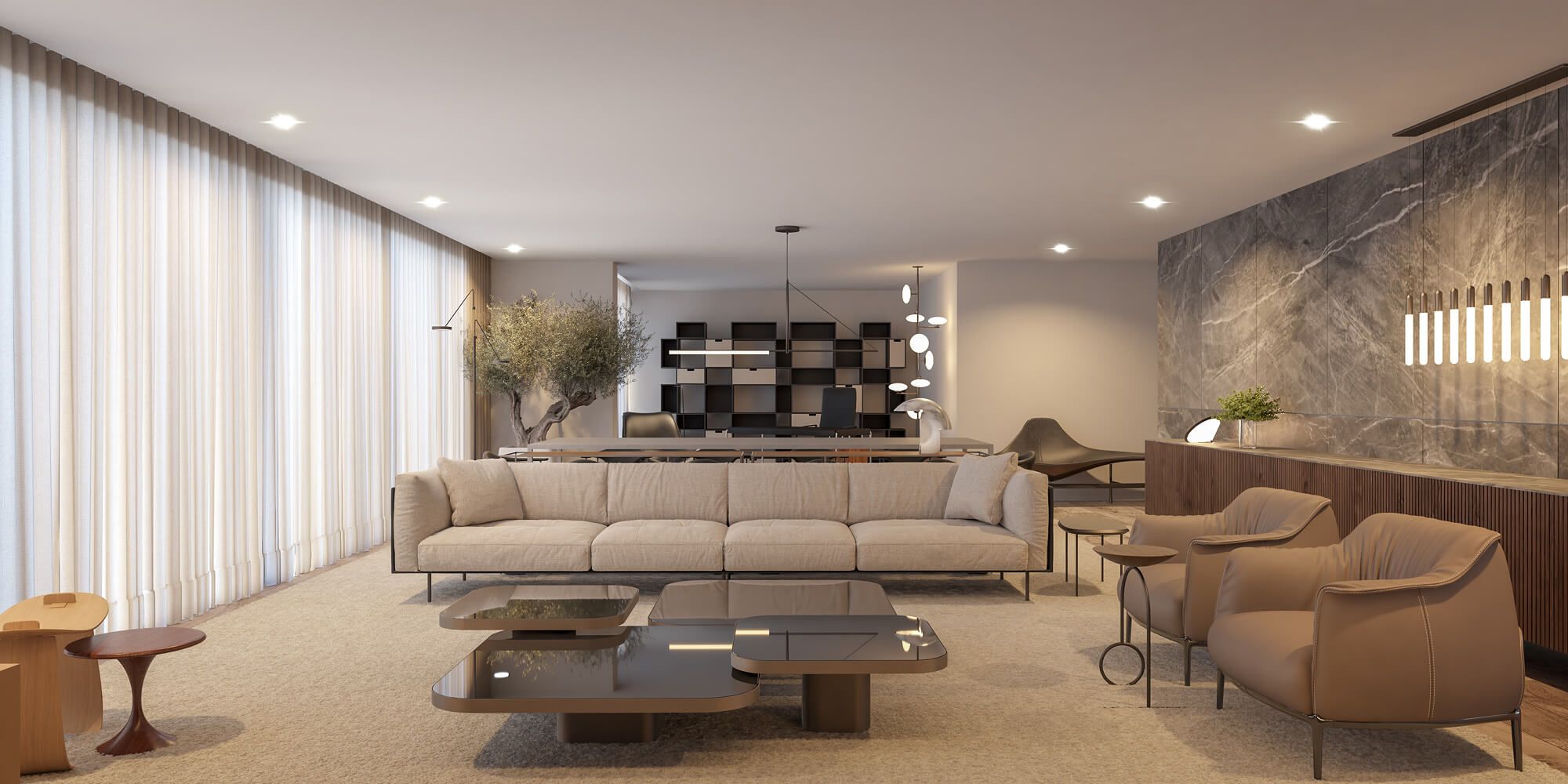 Visualização 3D de sala de estar com sofá bege, poltronas em pele, parede em pedra natural e estante modular — projeto de design de interiores de luxo em Oeiras, Atelier Renata Santos Machado