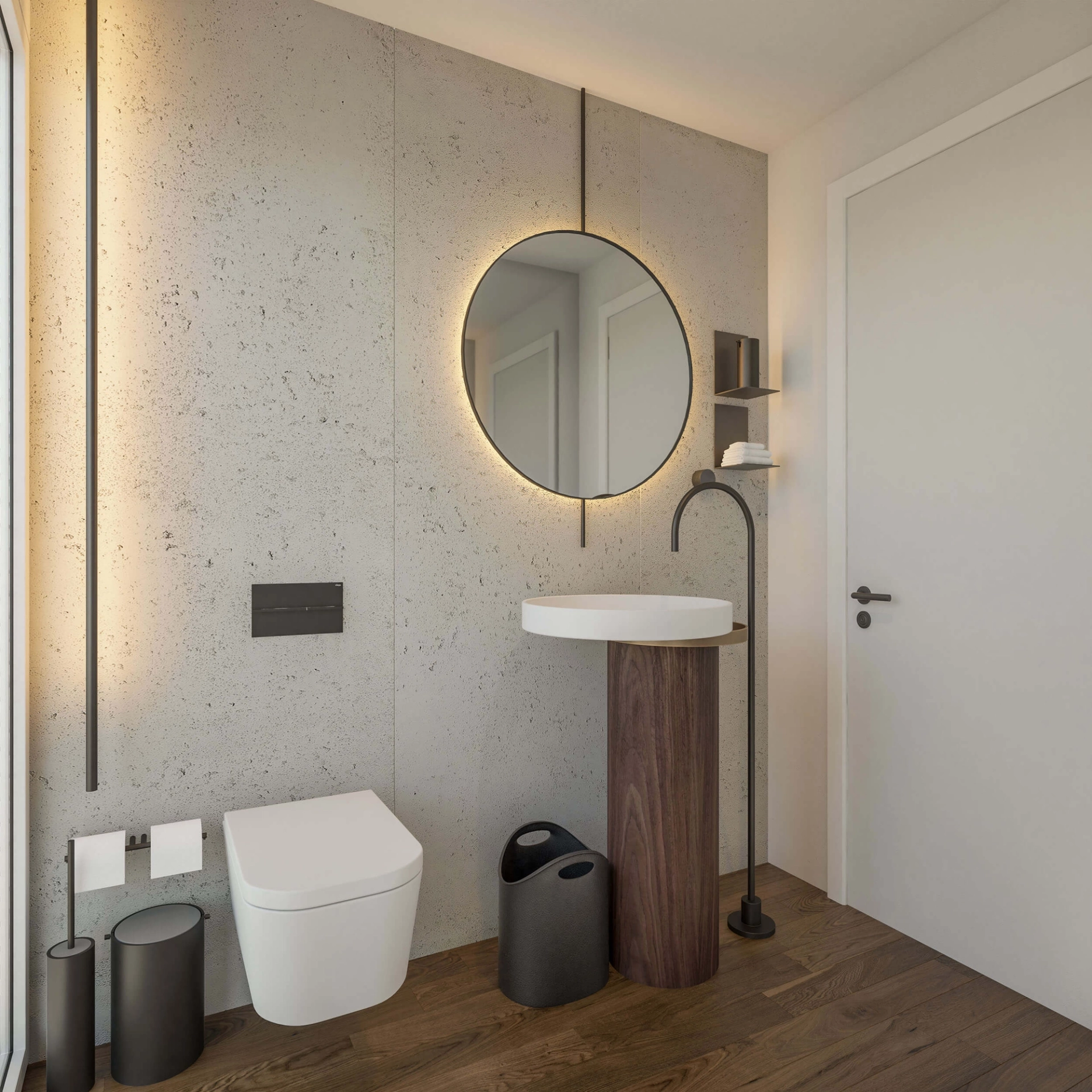 Lavabo social com parede texturada cinzenta, espelho circular retroiluminado e pavimento em madeira — design de interiores de luxo Lisboa