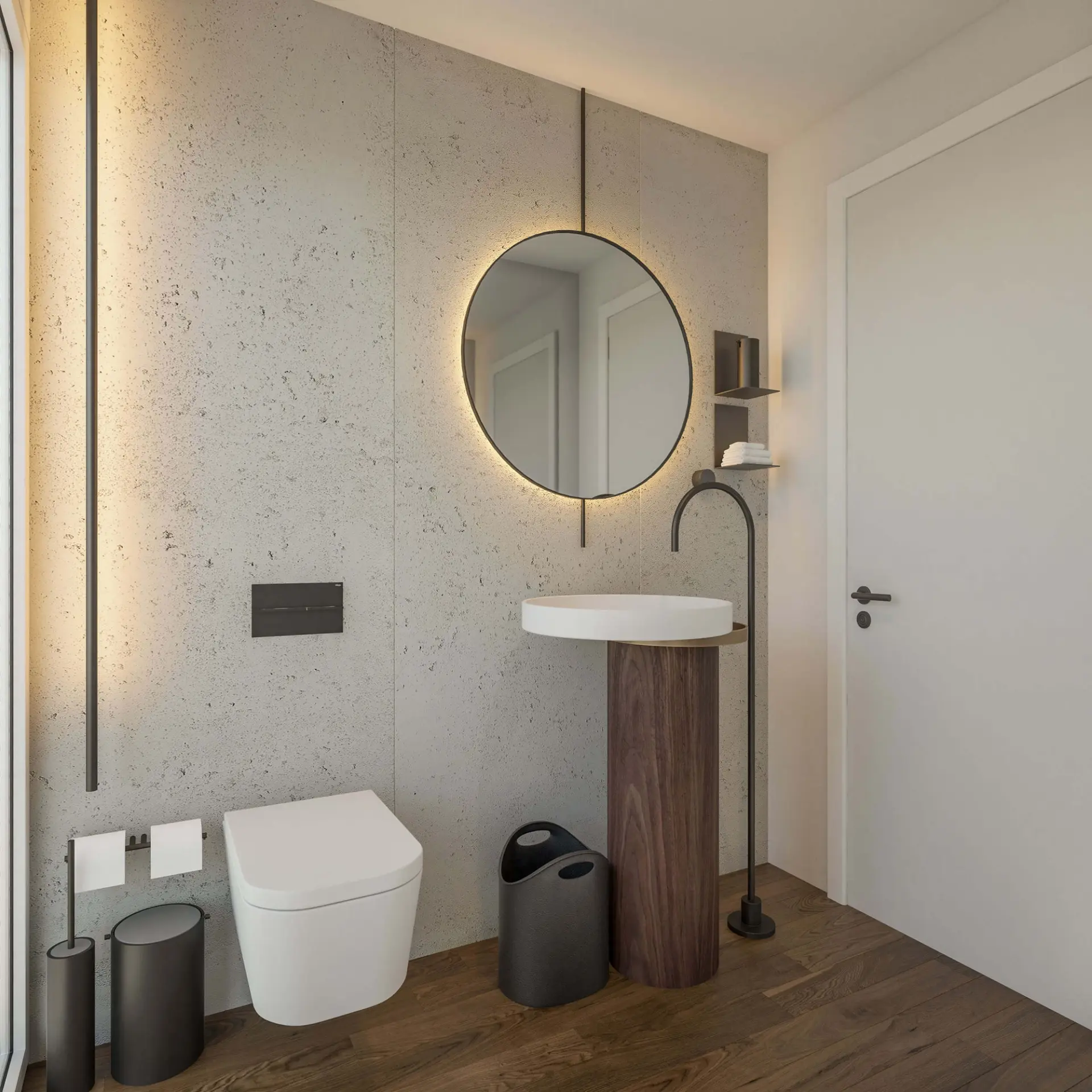Powder room with textured grey wall, round backlit mirror, freestanding basin and wood floor — luxury interior design Lisbon