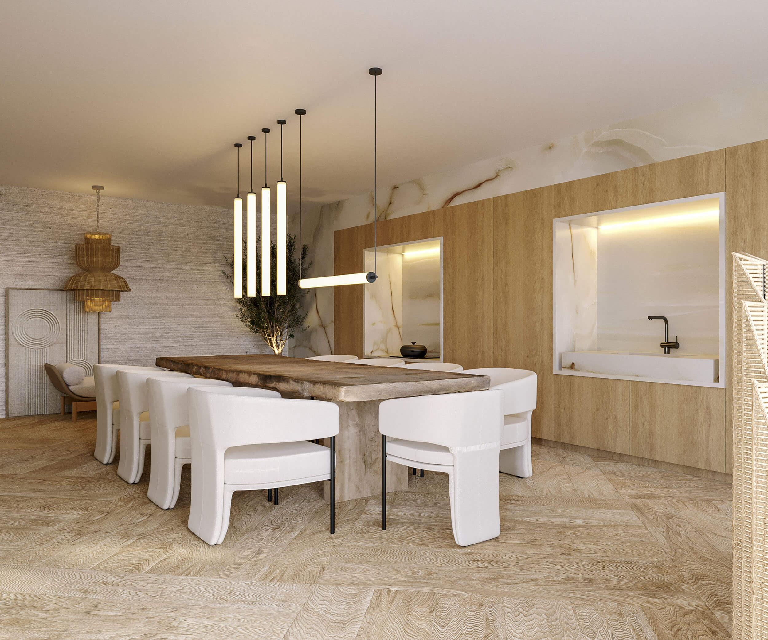 Live-edge wood table on a travertine base, sculptural white armchairs and vertical light tubes by an onyx wall — luxury dining room