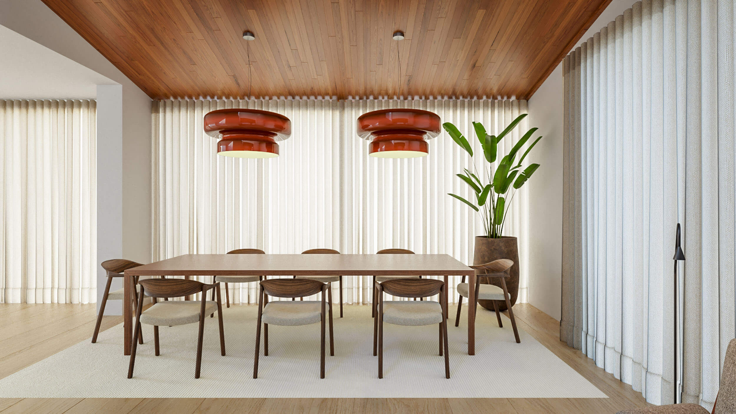 Walnut table, wood chairs with woven seats and a pair of oxblood mushroom pendants under a wood-slat ceiling — luxury dining room