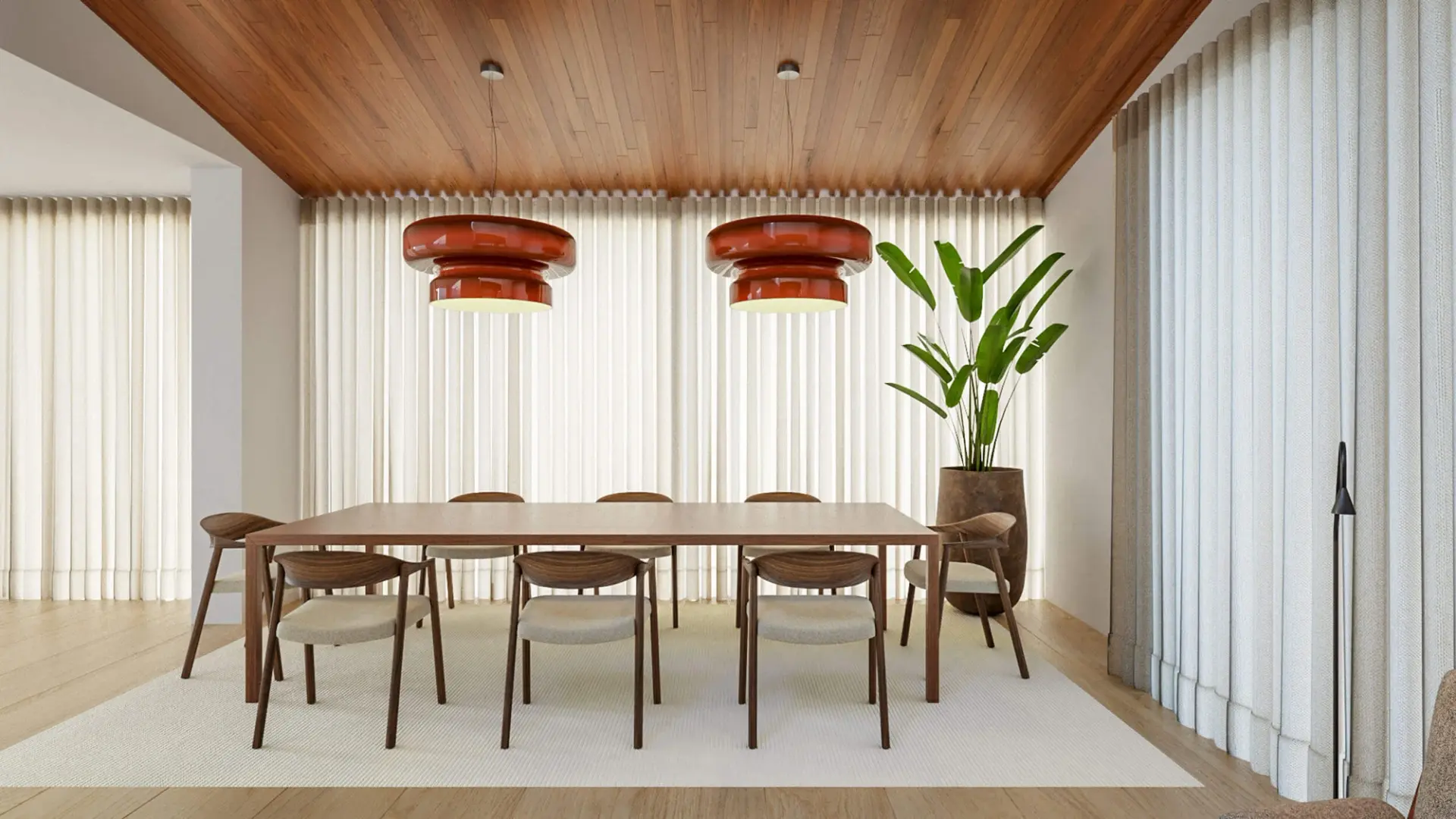 Walnut table, wood chairs with woven seats and a pair of oxblood mushroom pendants under a wood-slat ceiling — luxury dining room