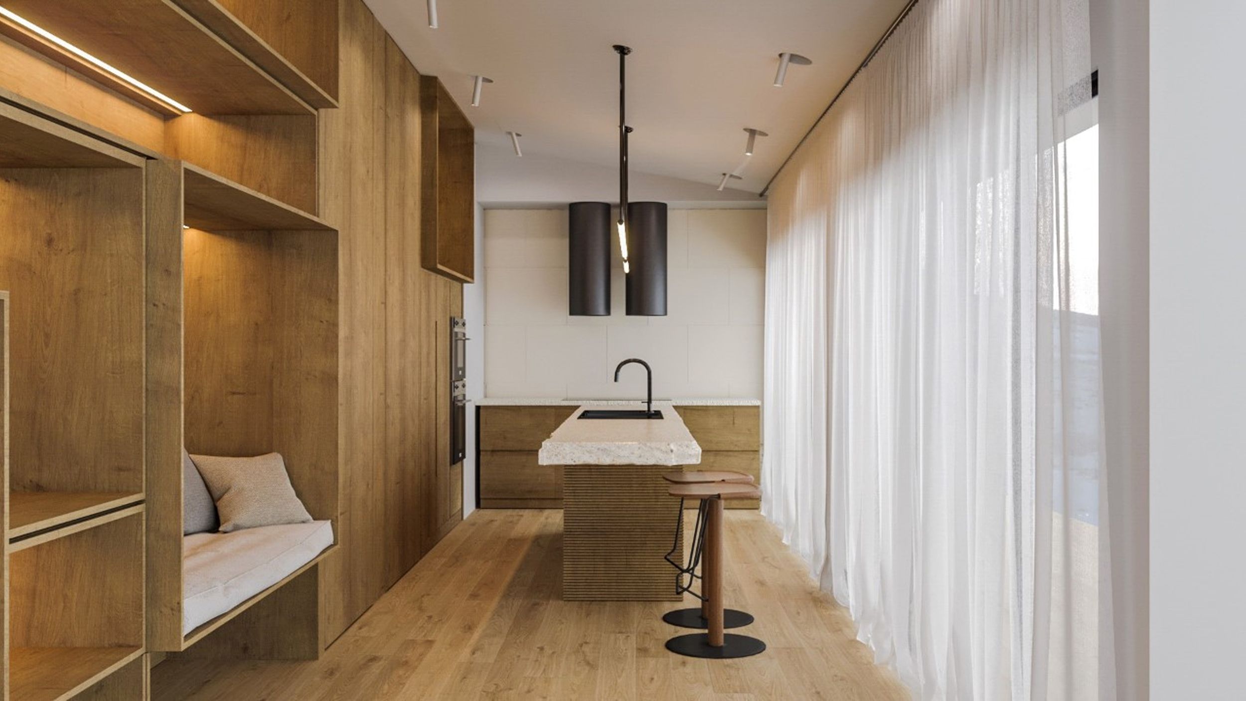 Terrazzo-topped island with black sinks, a pair of dark cylinder hoods and an oak shelving niche with curtains — luxury kitchen