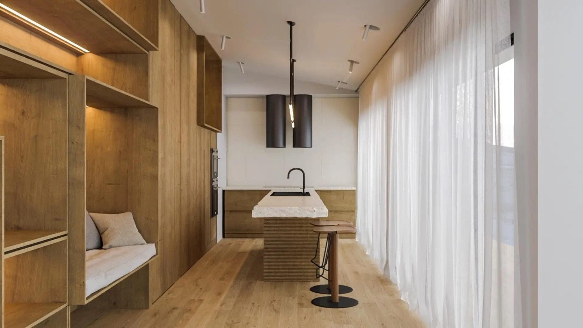 Terrazzo-topped island with black sinks, a pair of dark cylinder hoods and an oak shelving niche with curtains — luxury kitchen