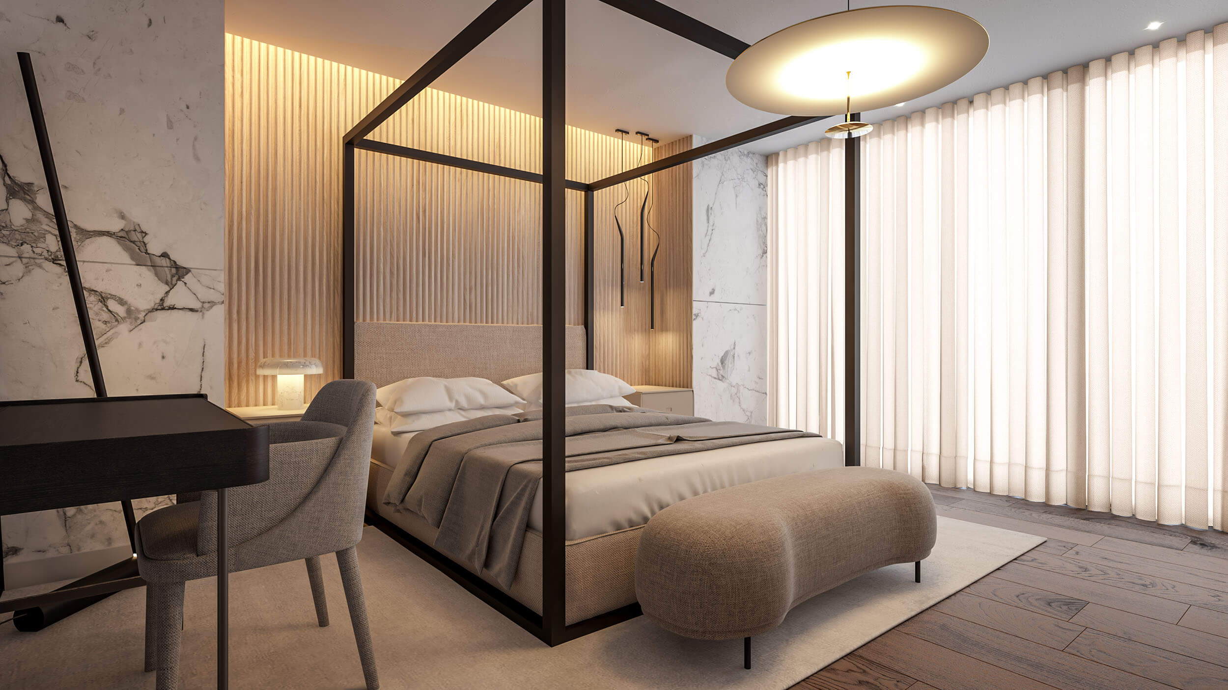Suite principal com cama de dossel em metal, painel de mármore branco e banqueta ao pé da cama — design de interiores de luxo Lisboa
