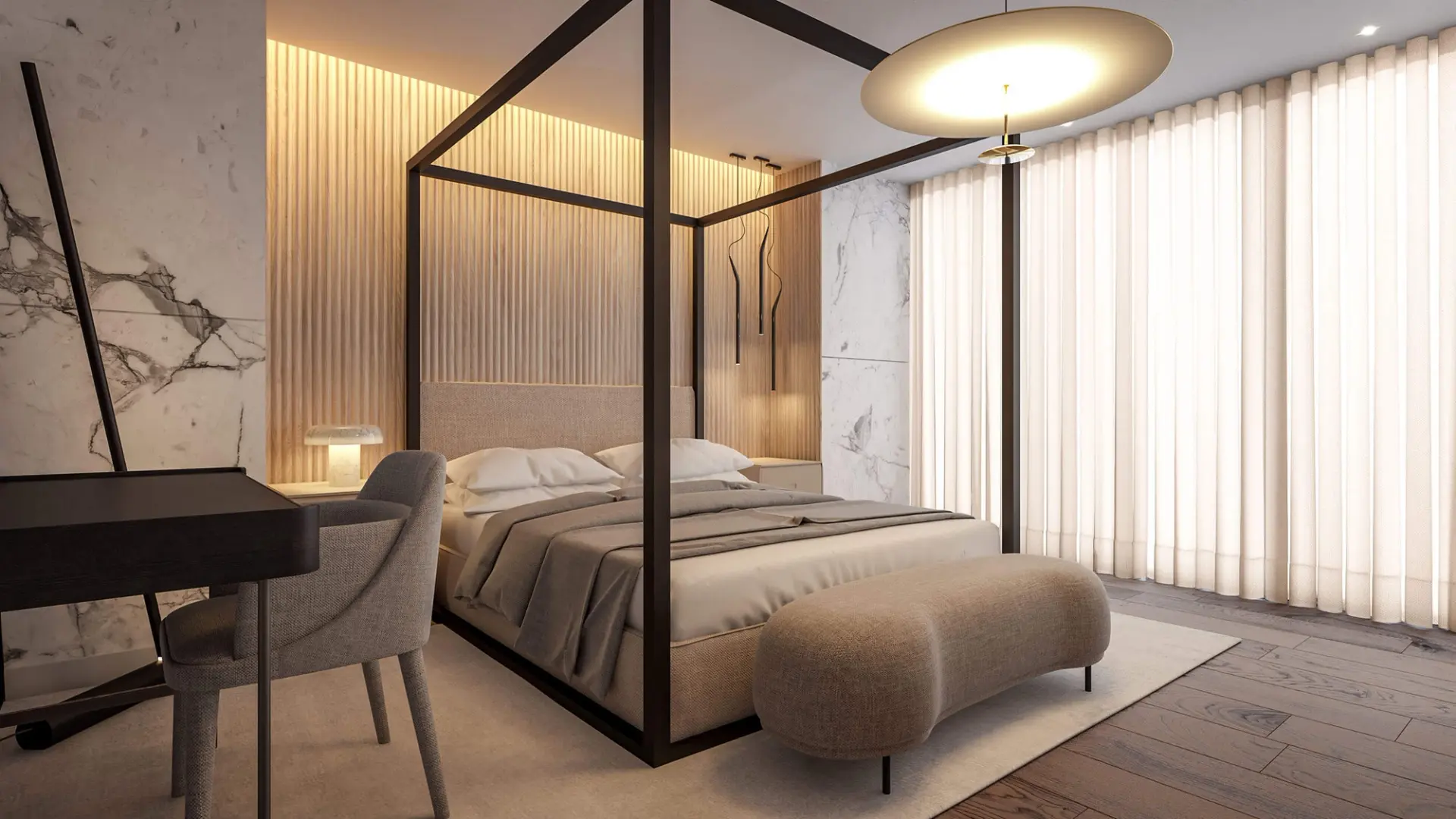 Master suite with canopy bed in dark metal, white marble panel and upholstered bench at the foot — luxury interior design Lisbon Portugal
