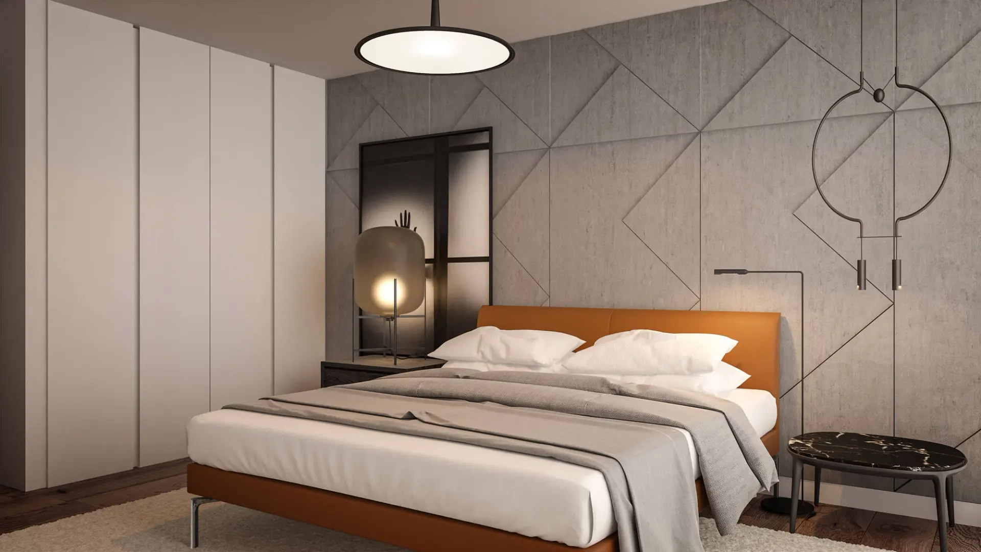 Guest bedroom with cognac leather bed, Black Marquina marble bedside table and white built-in wardrobes — luxury interior design Lisbon