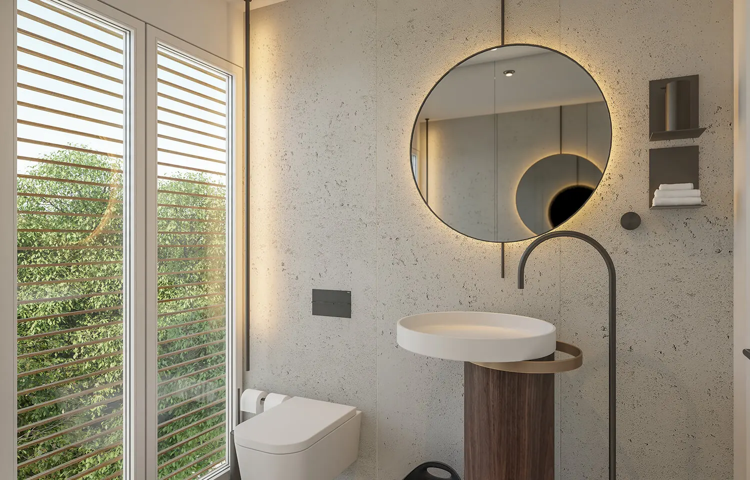 Modern powder room with a wooden floor-standing basin, illuminated suspended circular mirror, and black faucet.