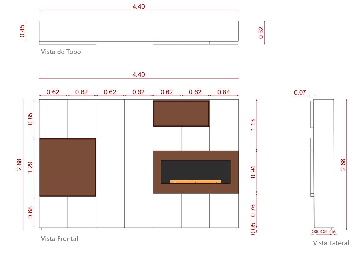 Desenho técnico de mobiliário por medida com lareira integrada, incluindo vistas frontal, lateral e superior com cotas.