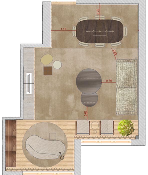 Layout funcional de projeto de design de interiores com organização de espaços, circulação e distribuição de mobiliário