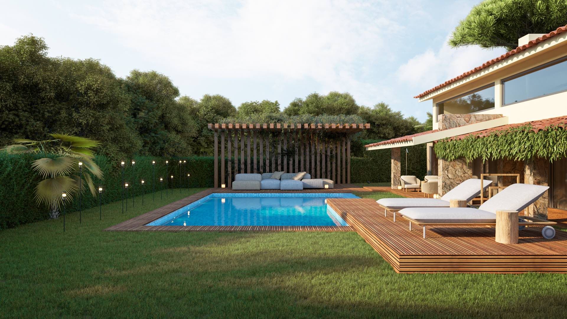 Moradia contemporânea em Sagres com piscina, deck em madeira, materiais naturais e áreas exteriores pensadas para o clima atlântico do Algarve.