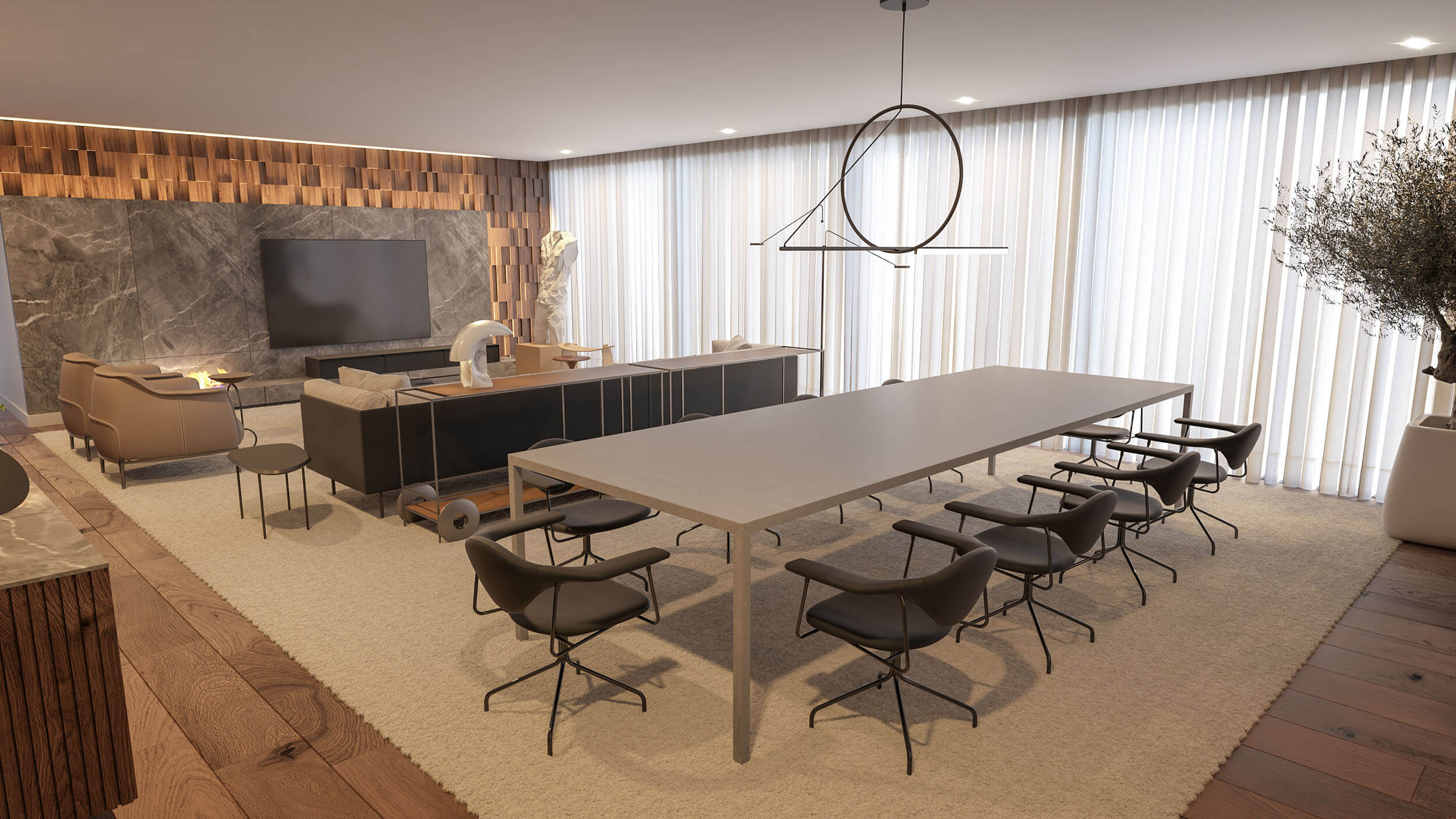 Sala de jantar com candeeiro circular suspenso e parede de TV revestida a mármore e madeira — design de interiores de luxo Lisboa