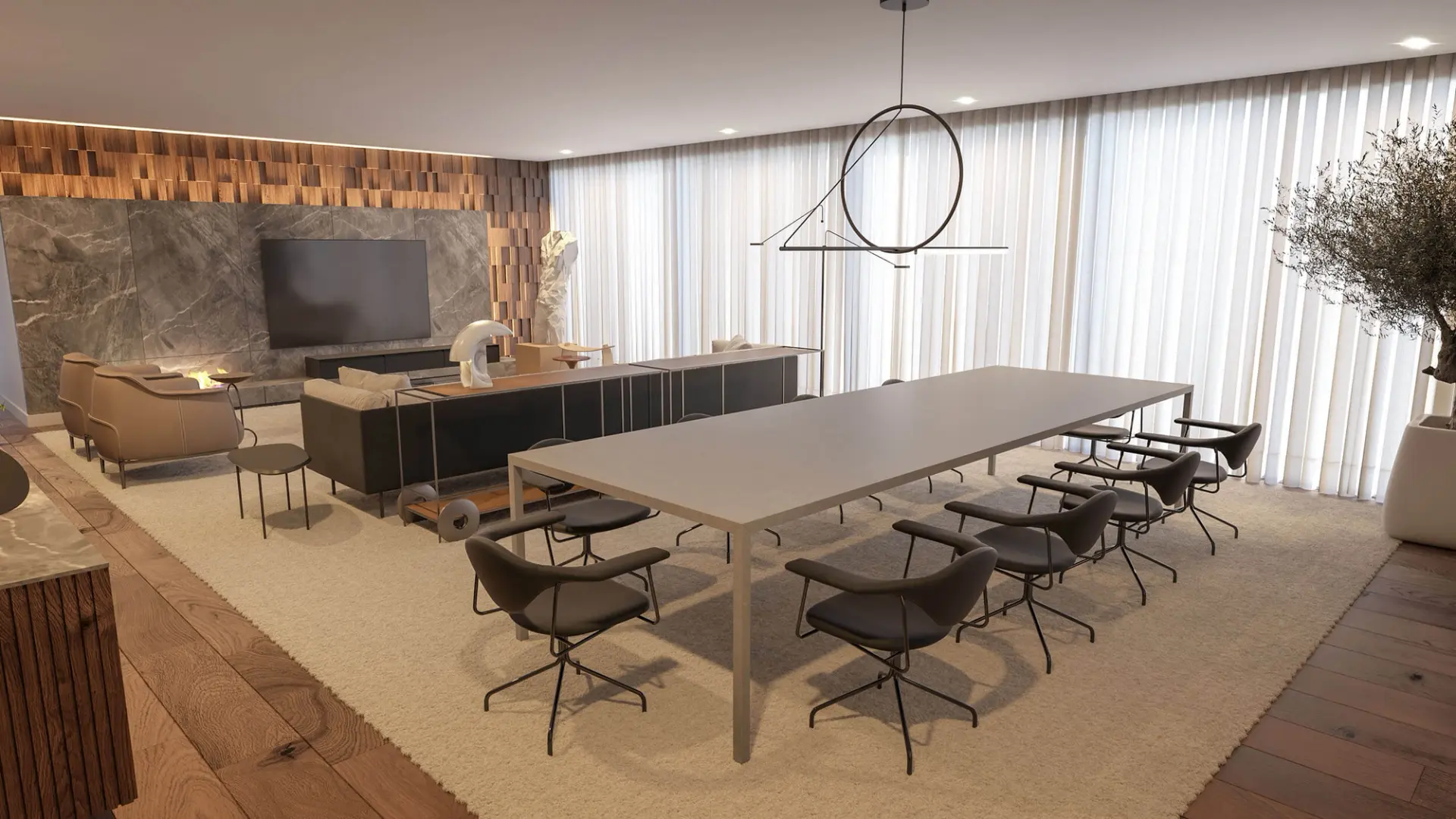 Dining room with circular ring pendant, stone-top table and TV wall clad in marble and dark wood — luxury interior design Lisbon Portugal