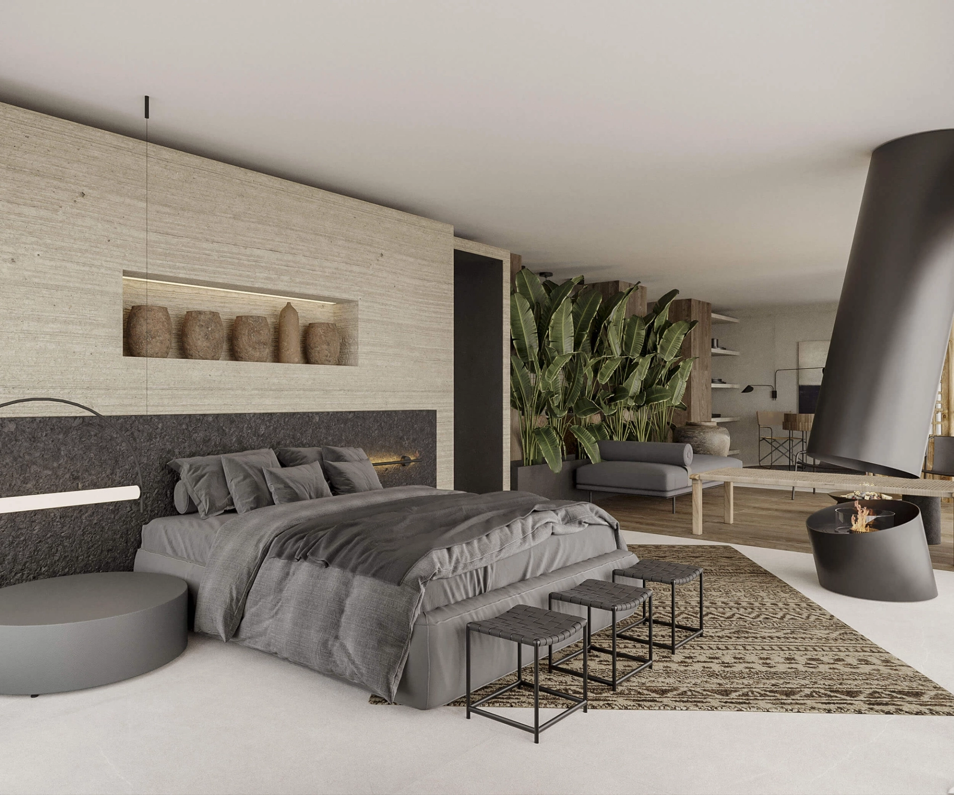 Quarto moderno com materiais nobres e design minimalista. Exemplo de remodelação de apartamento de luxo com detalhe e rigor