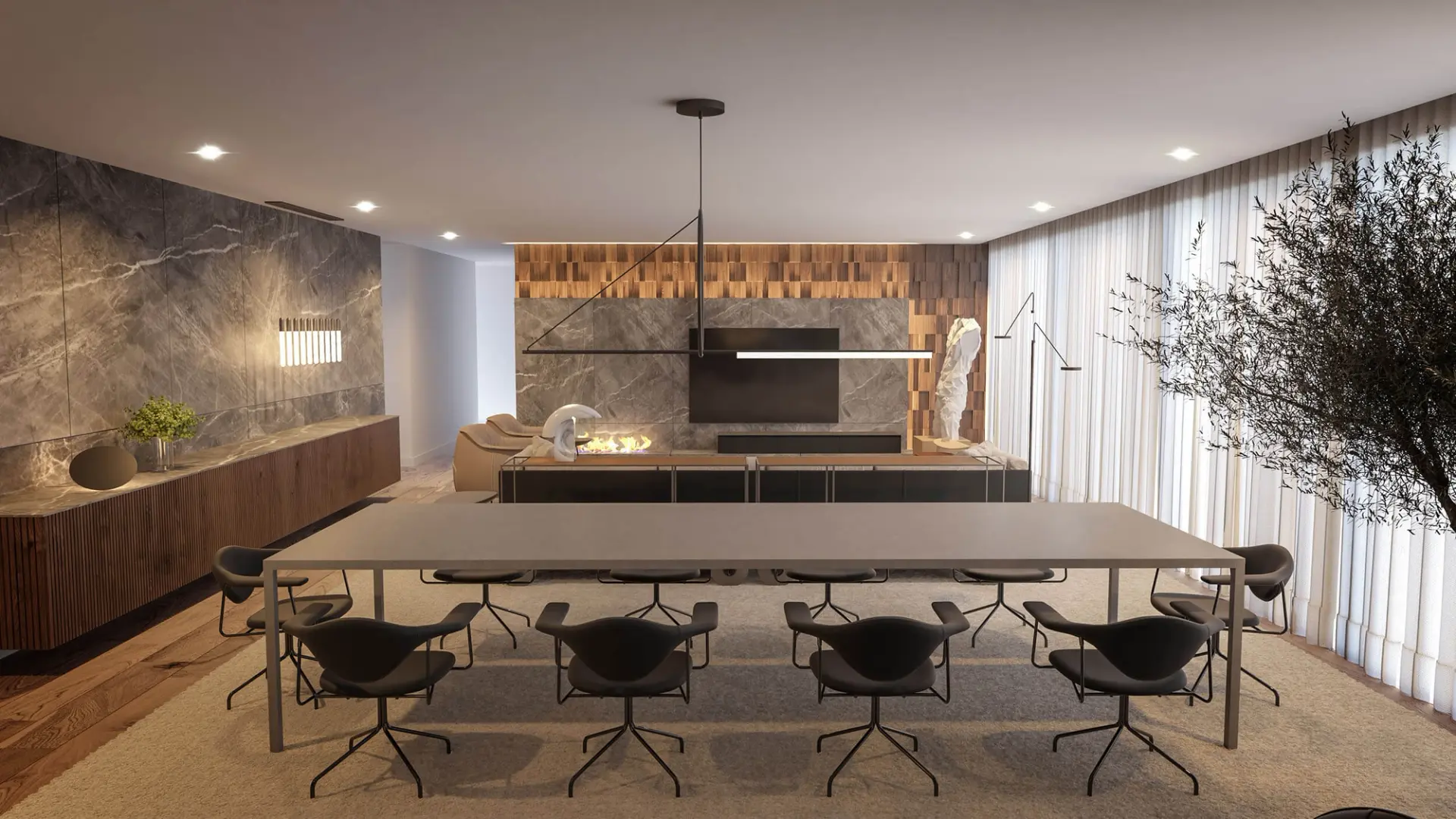 Dining room with stone-top table, anthracite armchairs, pendant lamp and dark wood panelling — luxury interior design Lisbon Portugal