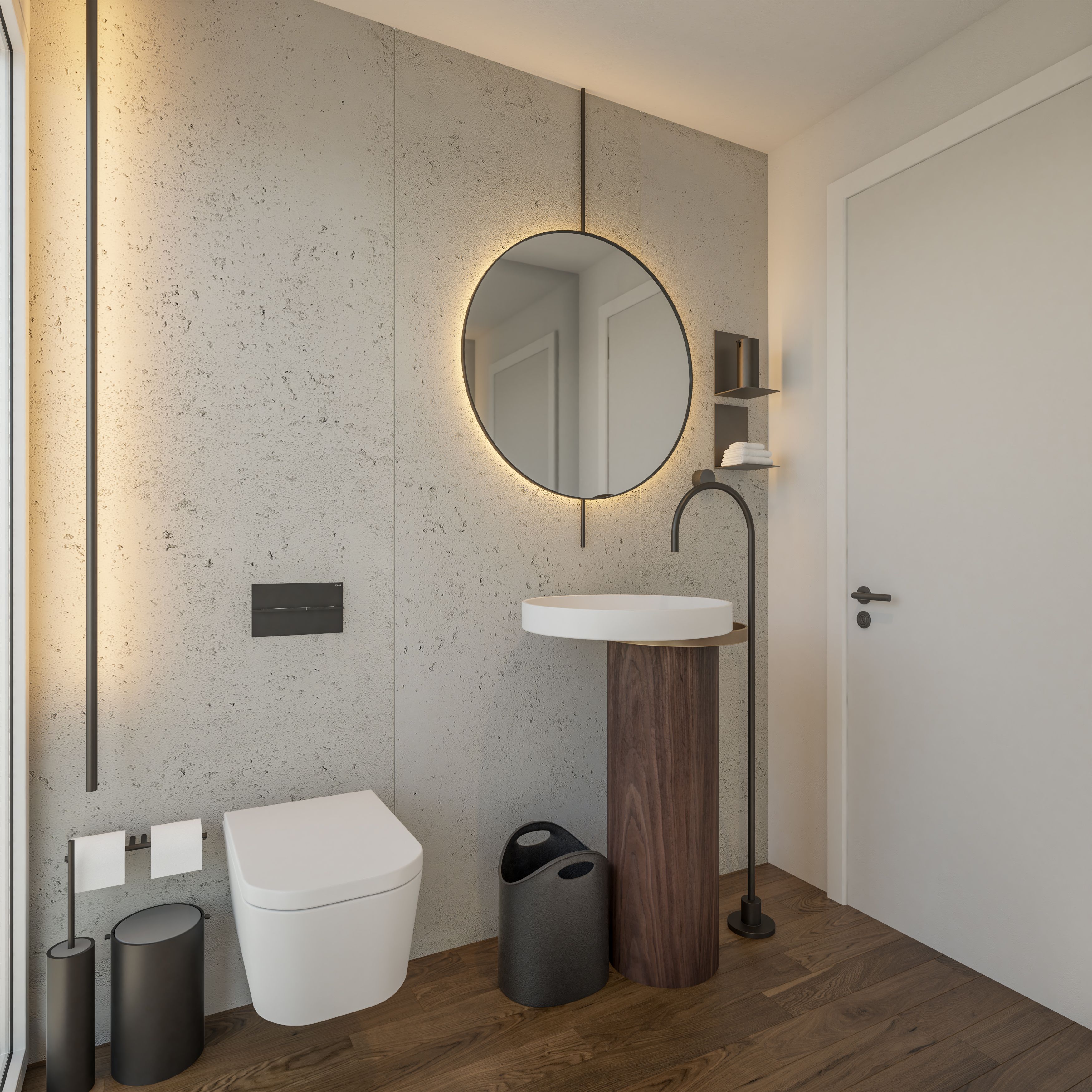 Contemporary bathroom interior design with a round illuminated mirror, pedestal basin, textured wall and dark metal details.