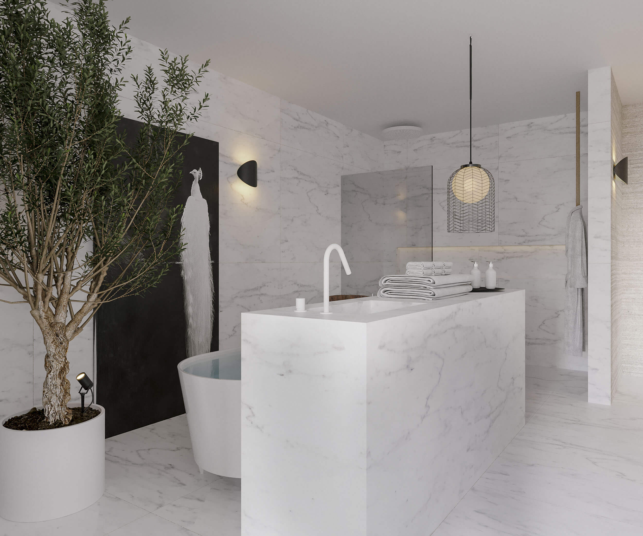Oval freestanding tub and a statuario Carrara marble vanity, a potted olive tree and a wire-cage pendant — luxury bathroom
