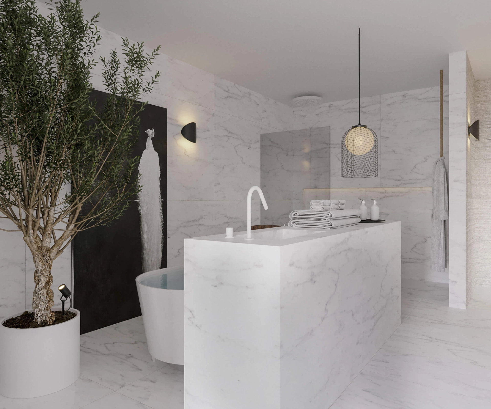 Oval freestanding tub and a statuario Carrara marble vanity, a potted olive tree and a wire-cage pendant — luxury bathroom