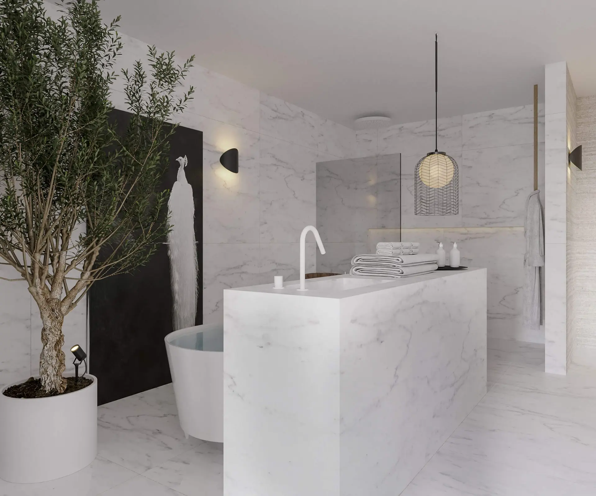 Oval freestanding tub and a statuario Carrara marble vanity, a potted olive tree and a wire-cage pendant — luxury bathroom