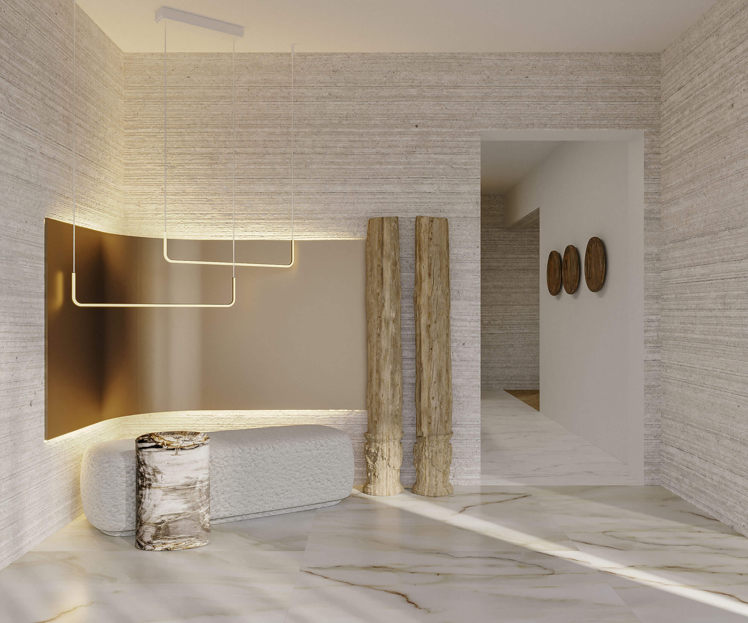 Paredes em travertino, nicho curvo dourado, suspensão em aro LED e banco em bouclé com colunas rústicas — hall de entrada de luxo
