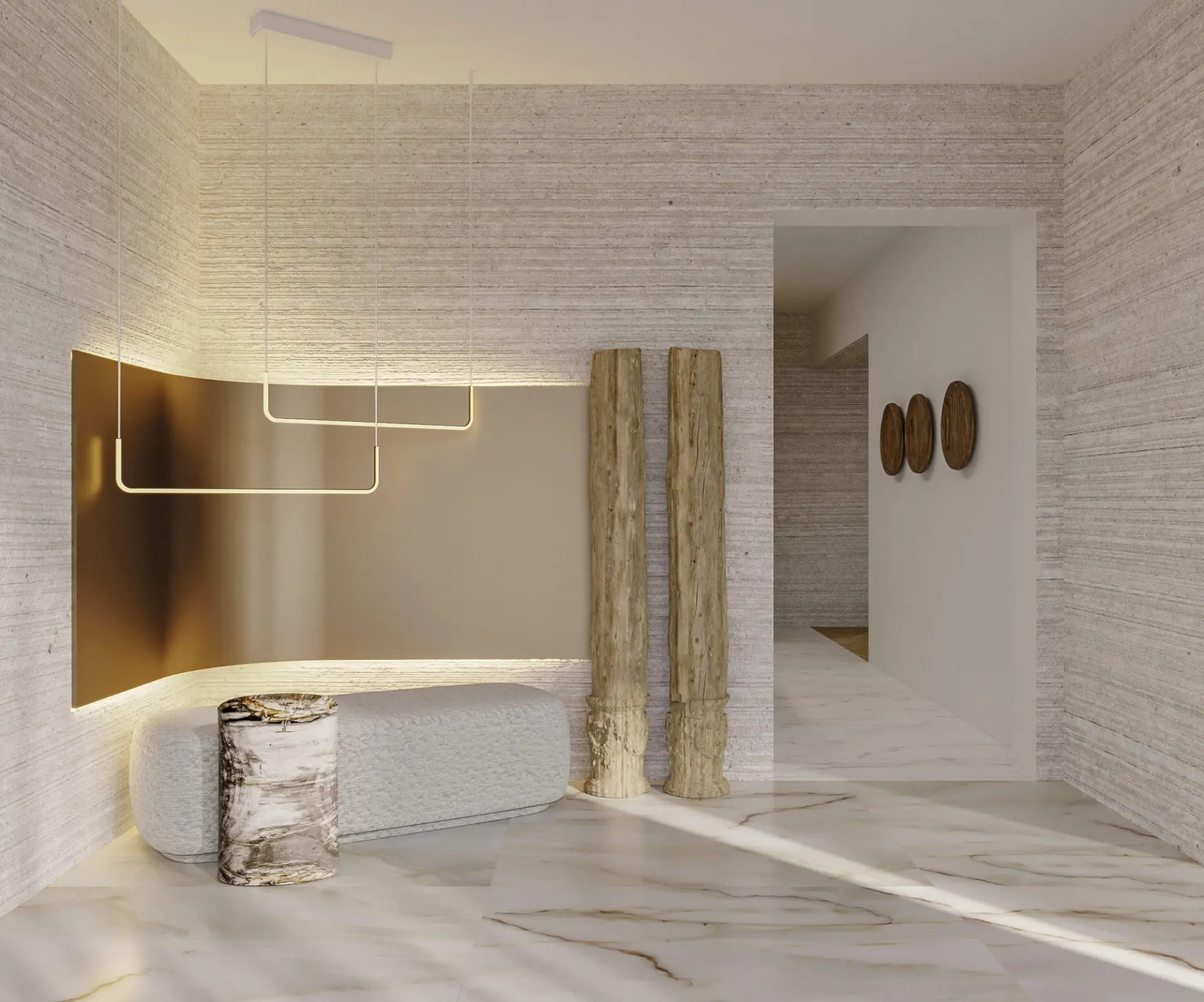 Travertine walls, curved gold-lined niche, looping LED ring pendant and bouclé bench with rustic timber columns — luxury entrance hall