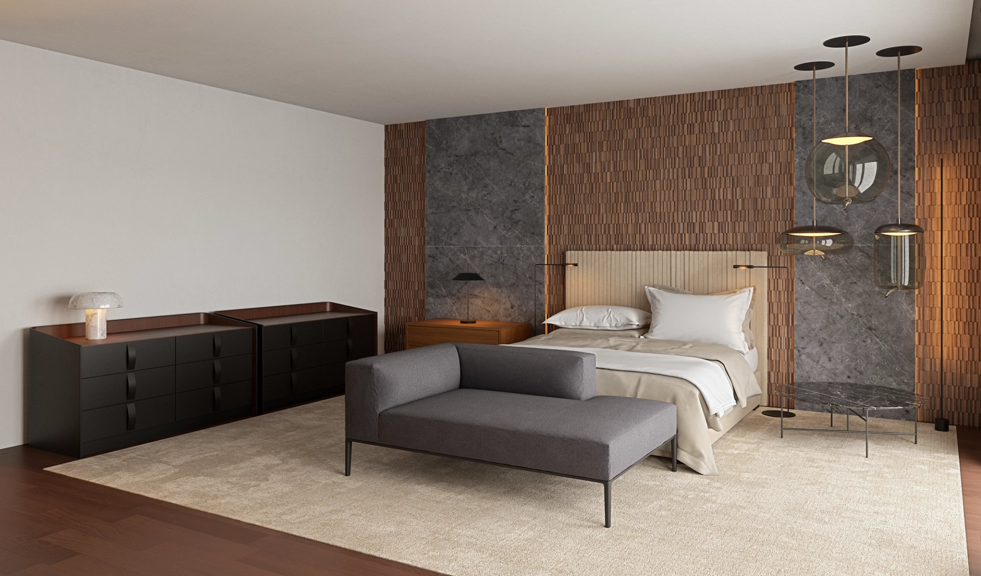 Projeto de quarto com mobiliário, iluminação e materiais coordenados por designer de interiores