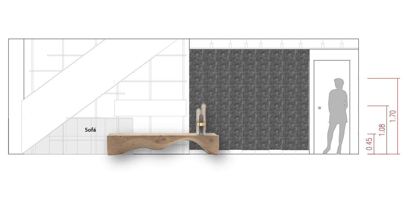 Estudo técnico de design de interiores para hall de entrada com banco escultórico em madeira, parede revestida a pedra natural e análise de proporções do espaço.