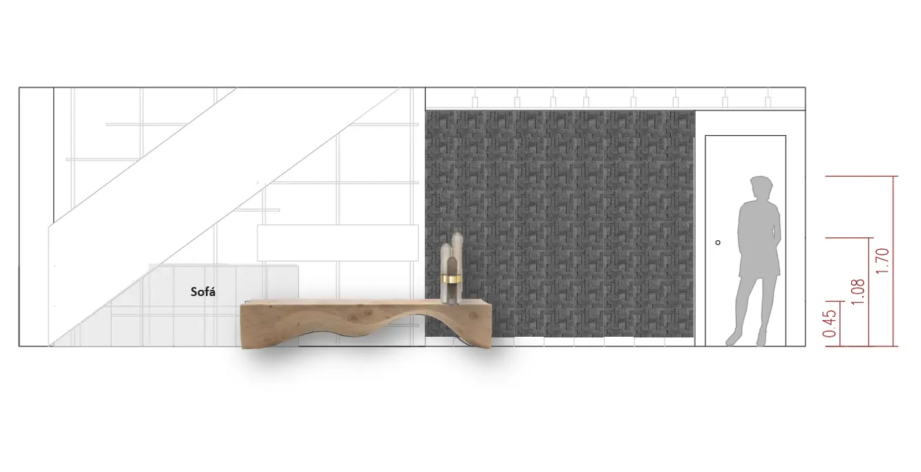 Estudo técnico de design de interiores para hall de entrada com banco escultórico em madeira, parede revestida a pedra natural e análise de proporções do espaço.