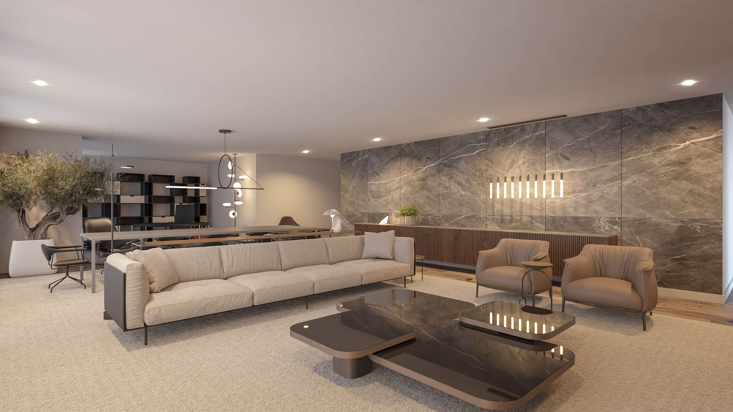 Sala de estar aberta com sofá bege, mesas de centro pretas e painel de mármore cinzento — design de interiores de luxo Lisboa