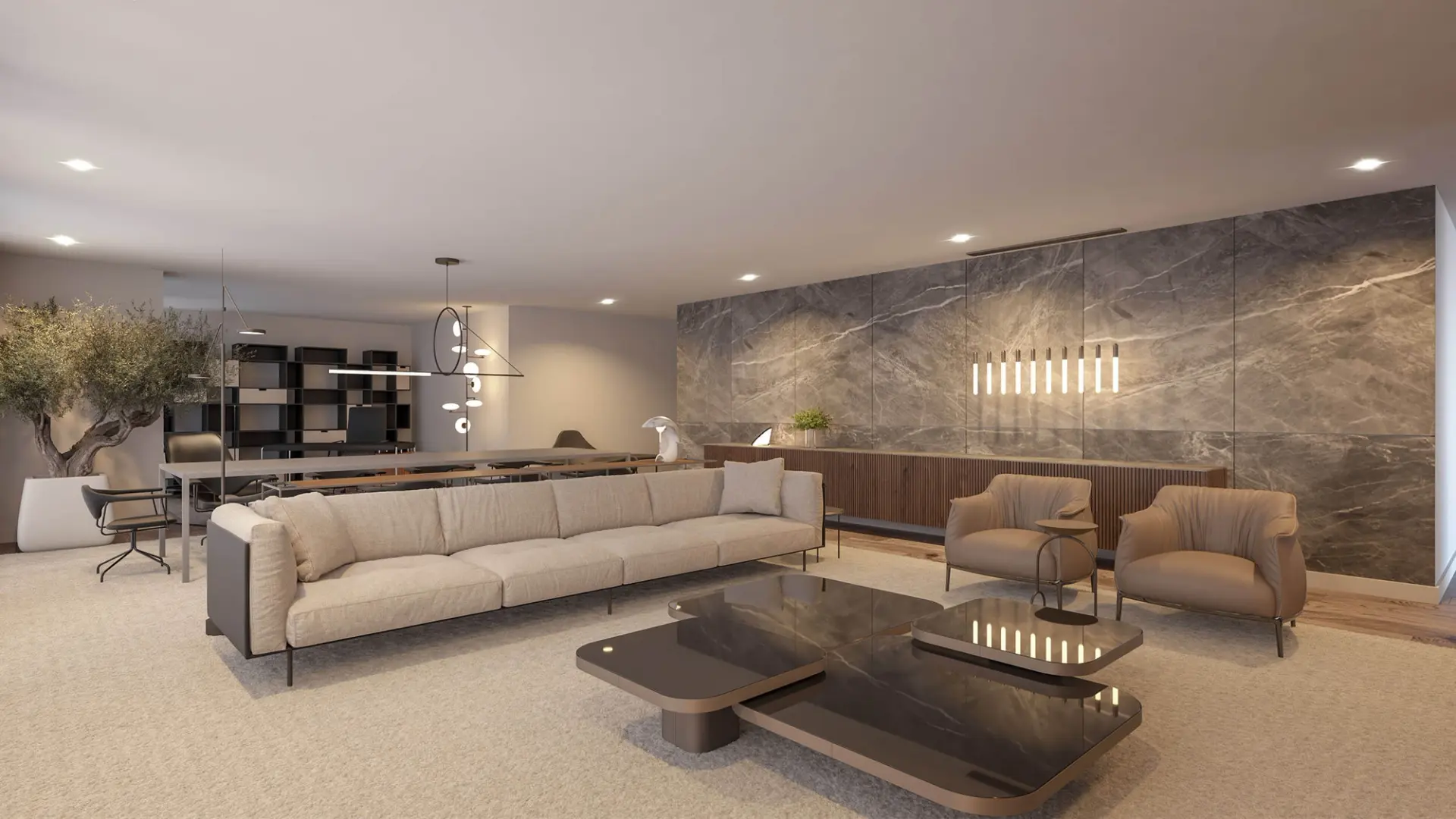 Open-plan living room with beige sofa, black lacquered coffee tables and grey marble wall panel — luxury interior design Lisbon Portugal