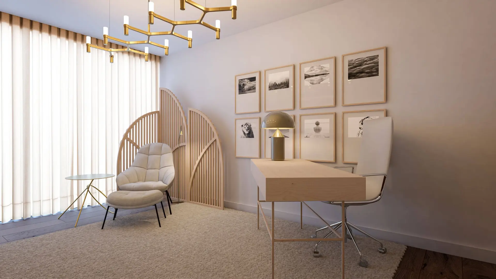 Home office with gold multi-arm chandelier, rounded armchair and wood-framed gallery wall — luxury interior design Lisbon Portugal