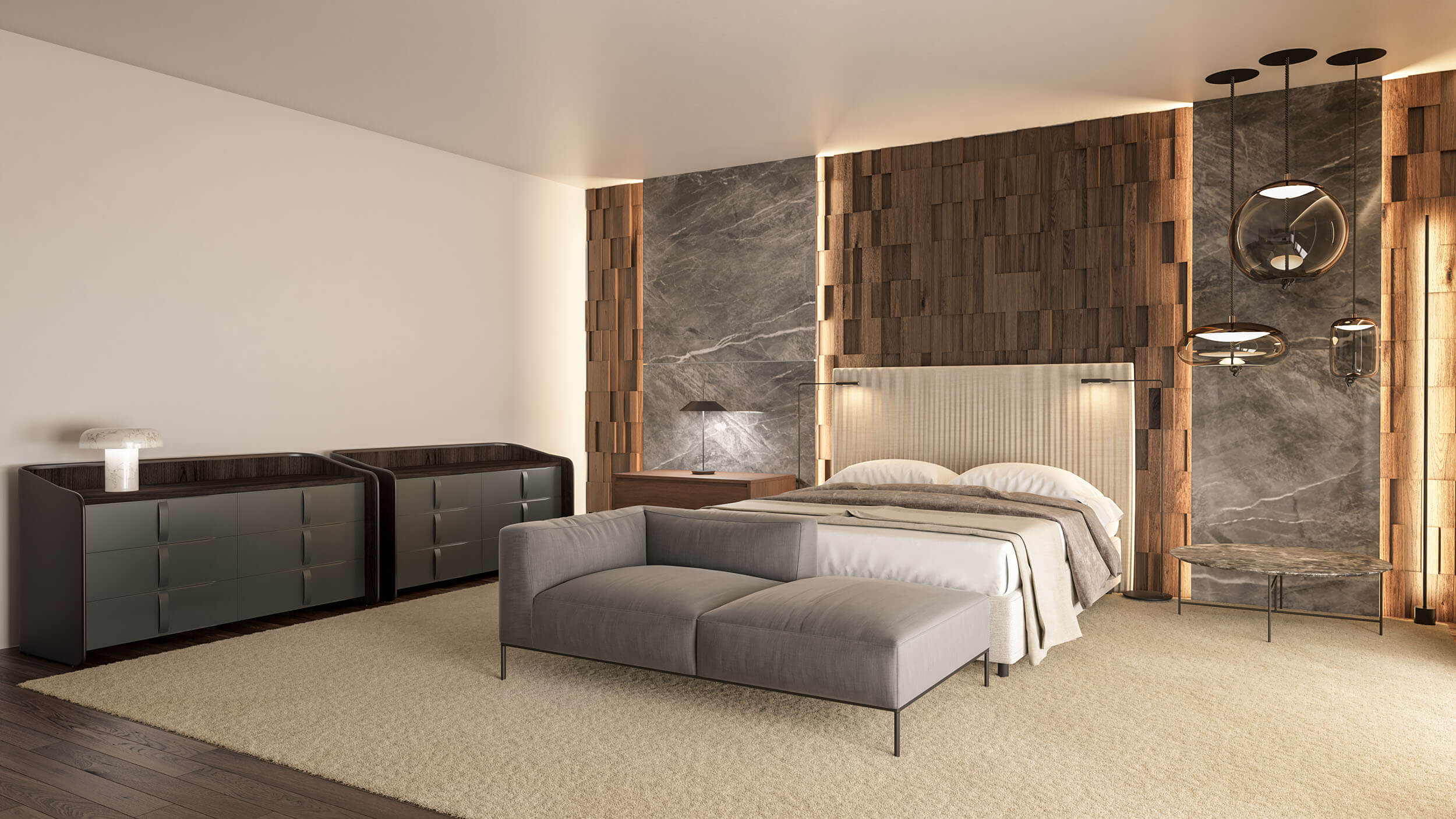 Grey curved-edge chests and amber glass globe pendants over a wood and marble feature wall — luxury master suite design